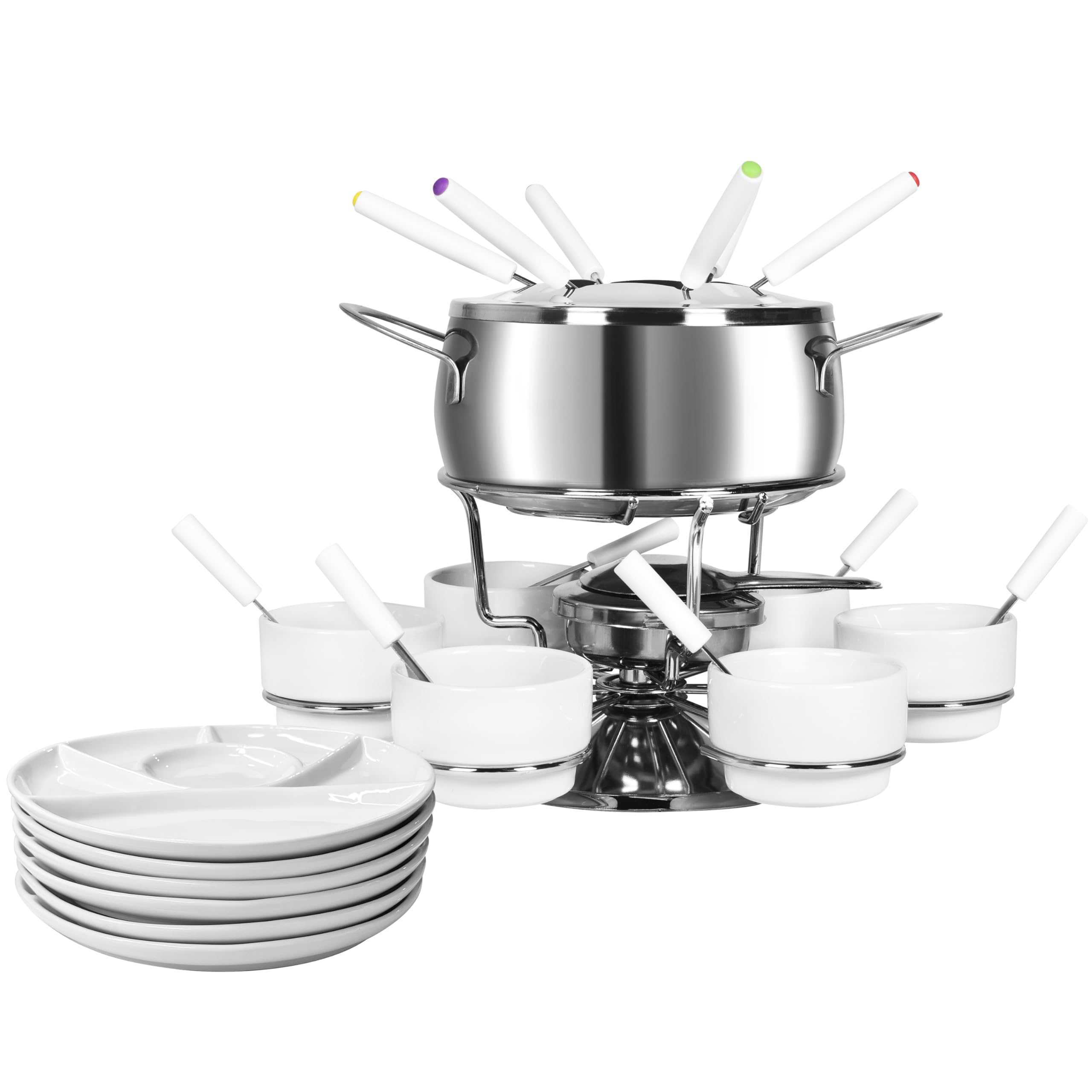 Ribelli Service à Fondue de 28 Pièces en INOX, 6X Fourchette, Cuillère, Assiette, Bol de Fondue au Fromage, Fondue à la Viande, pour 6 Personnes