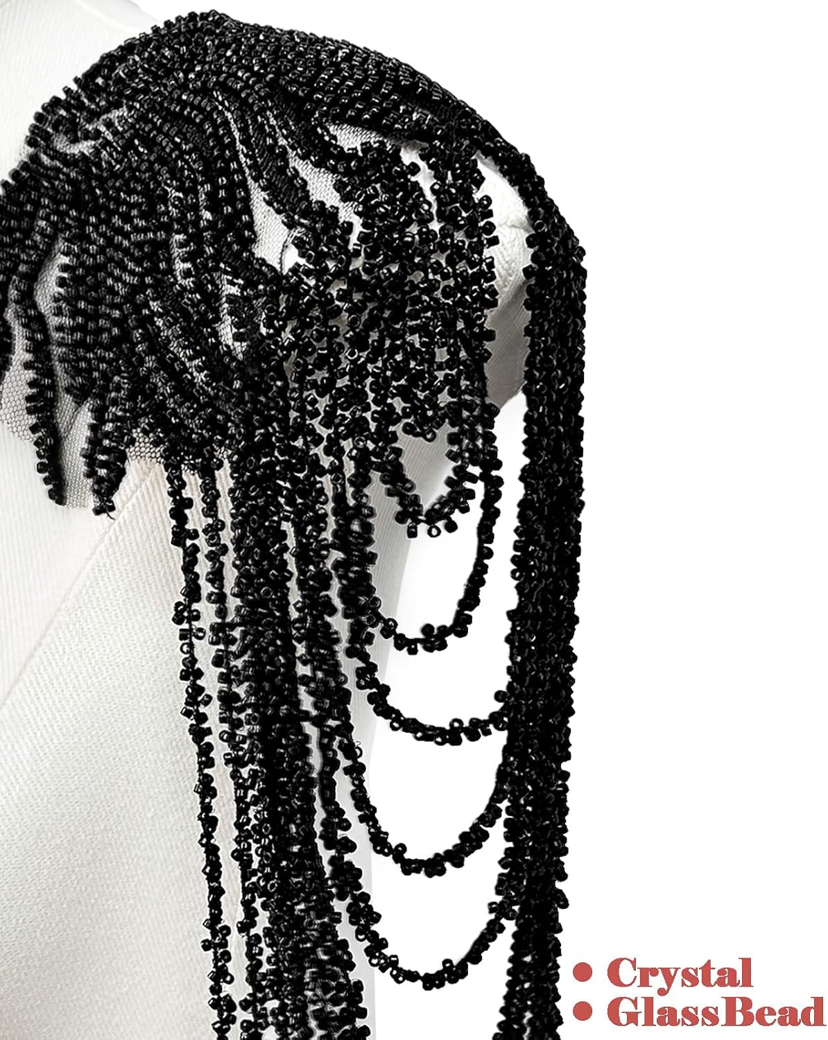 1 Pair Handmade Rhinestone Applique for Clothes, Sparkle Crystal Sewing Patches for Wedding Dress, Glass Beads Fringe Epaulettes for Shoulder Bodice Jacket Party Embellishment (Black)