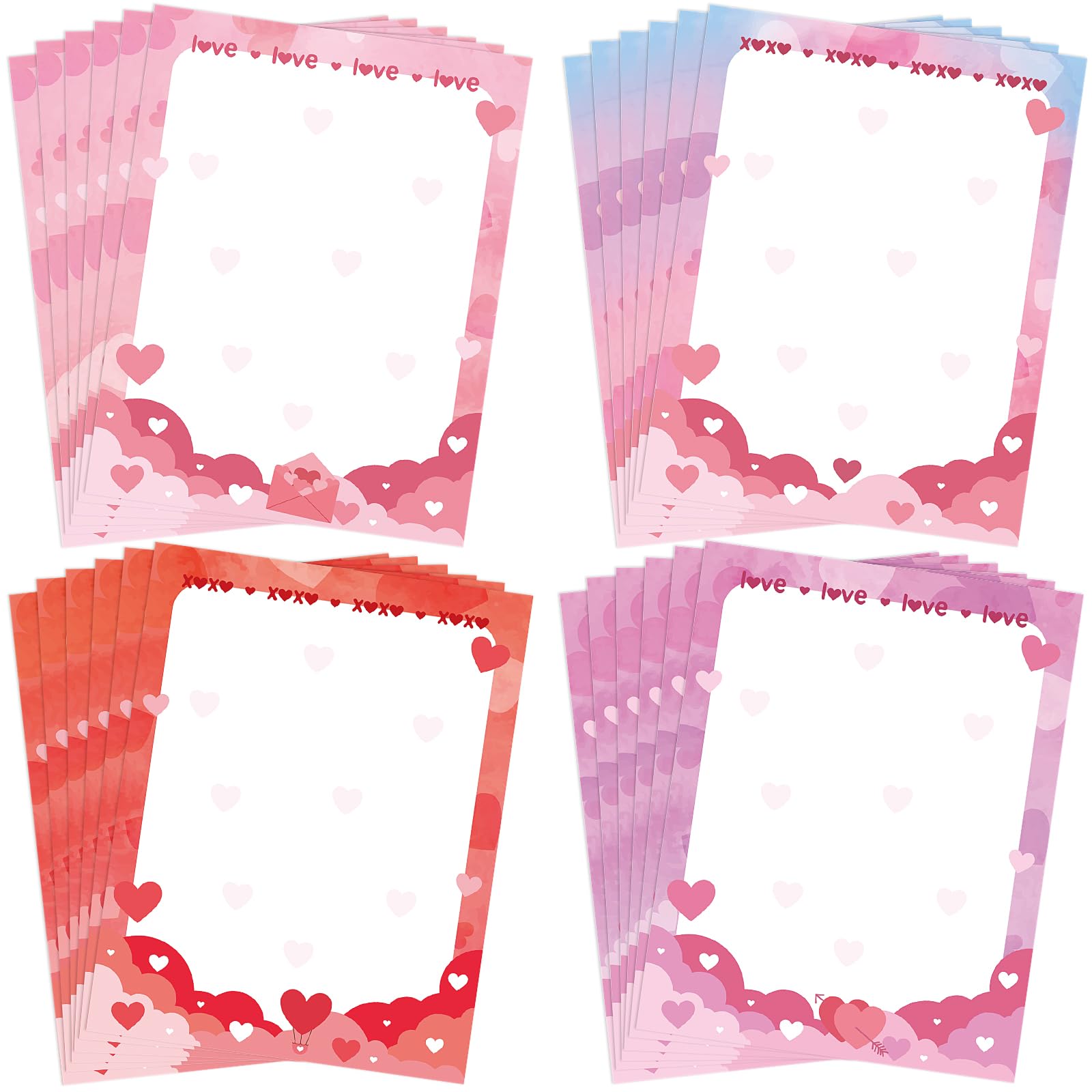 Dispowreath 100 hojas de papel de papelería de San Valentín, decoración de borde de membrete de corazón, 21,6 x 28 cm, papel de escritura rosa imprimible para San Valentín, boda, aniversario, tarjetas