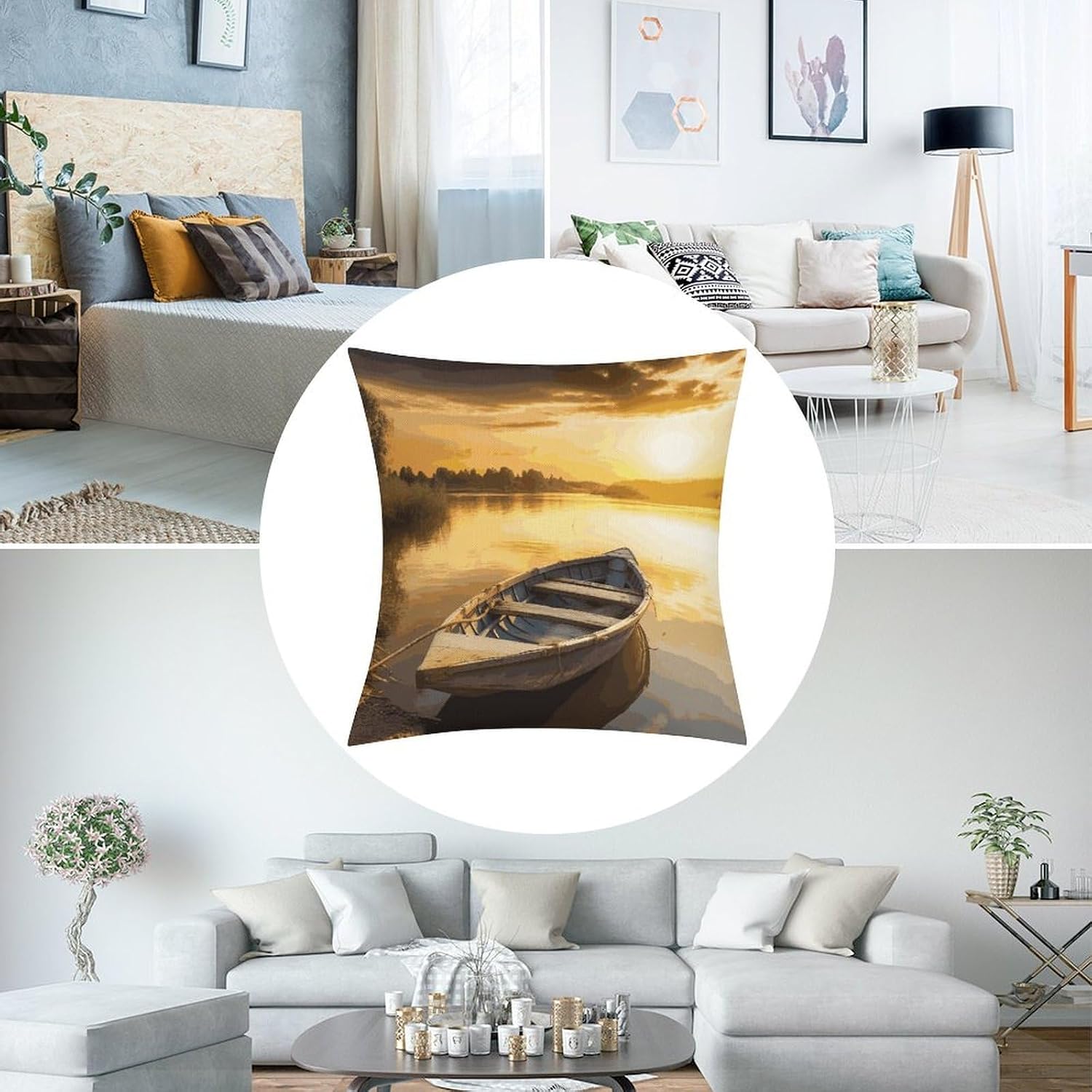River Sunset Wooden Boat Pillow Protectors Cute Waterproof Pillow Cover Soft Skin-Friendly Cushion Case Decorative Square Cushion Cover for Couch Sofa Bed Living Room Bedroom
