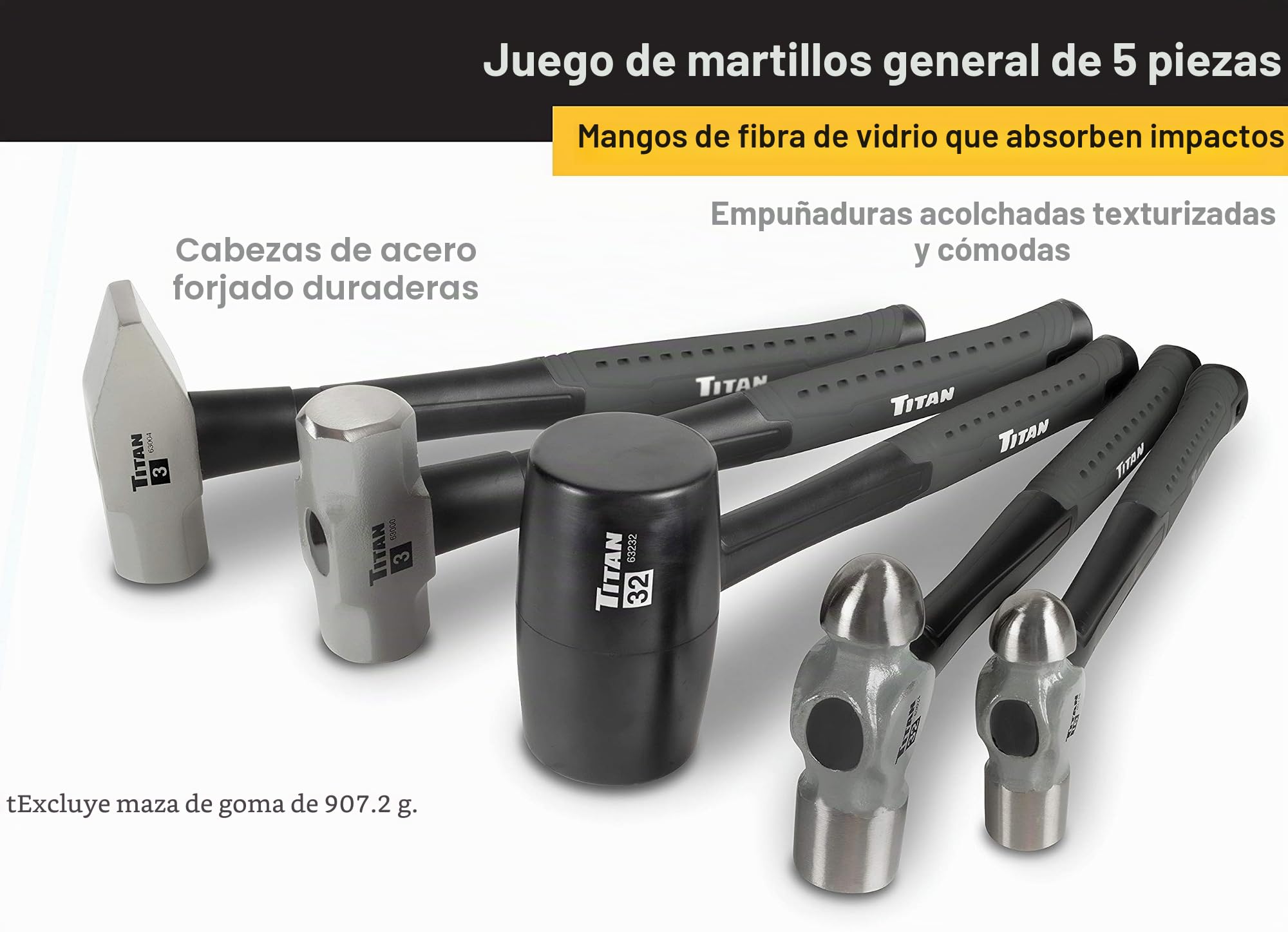 Titan 63125 - Juego de 5 martillos, martillo de bola de 453,59 g y 0,91 kg onzas, mazo de goma de 32 0,91 kg, Mazo de 1,36 kg y martillo de cabeza plana cruzada de 1,36 kg
