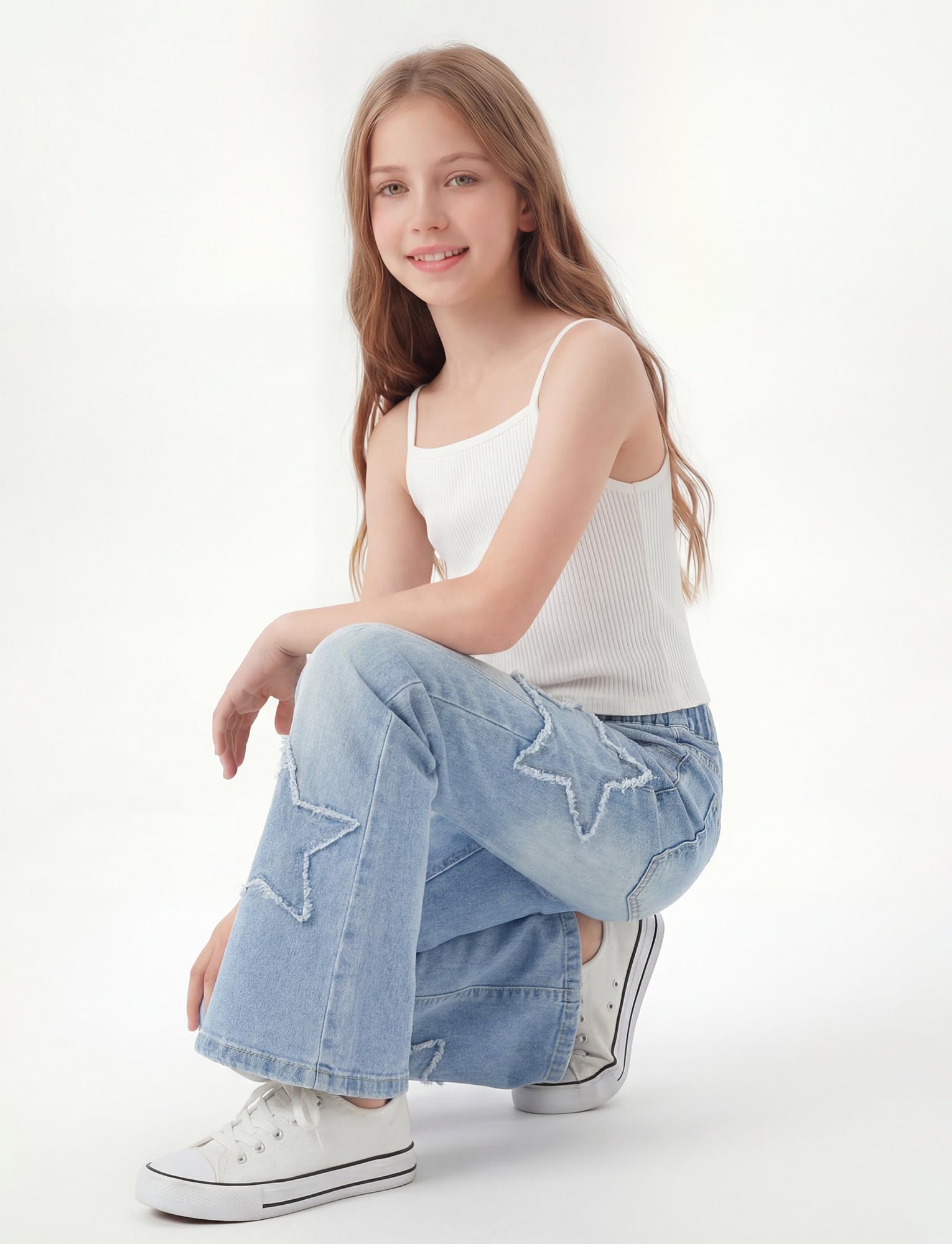 Maeau Jeans évasés pour filles - Motif étoiles - Patchwork - Taille élastique - Avec poches
