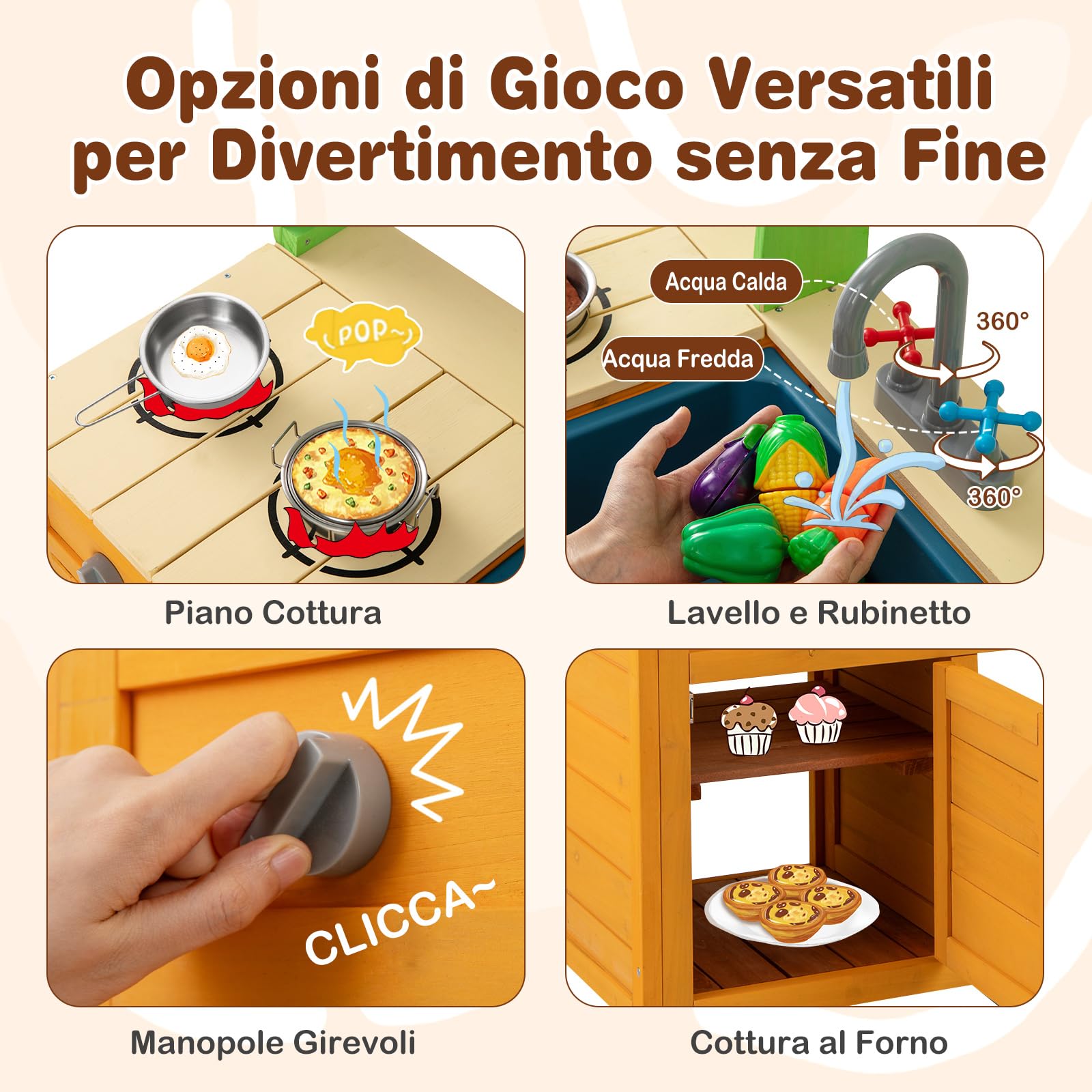 GYMAX Cucina Giocattolo in Legno per Bambini, Cucina da Esterno con Fornelli, Lavello, Rubinetto, Suoni, Accessori Ricchi e Ripiani Aperti, Giocattolo Interattiva per Bambini 3+ Anni