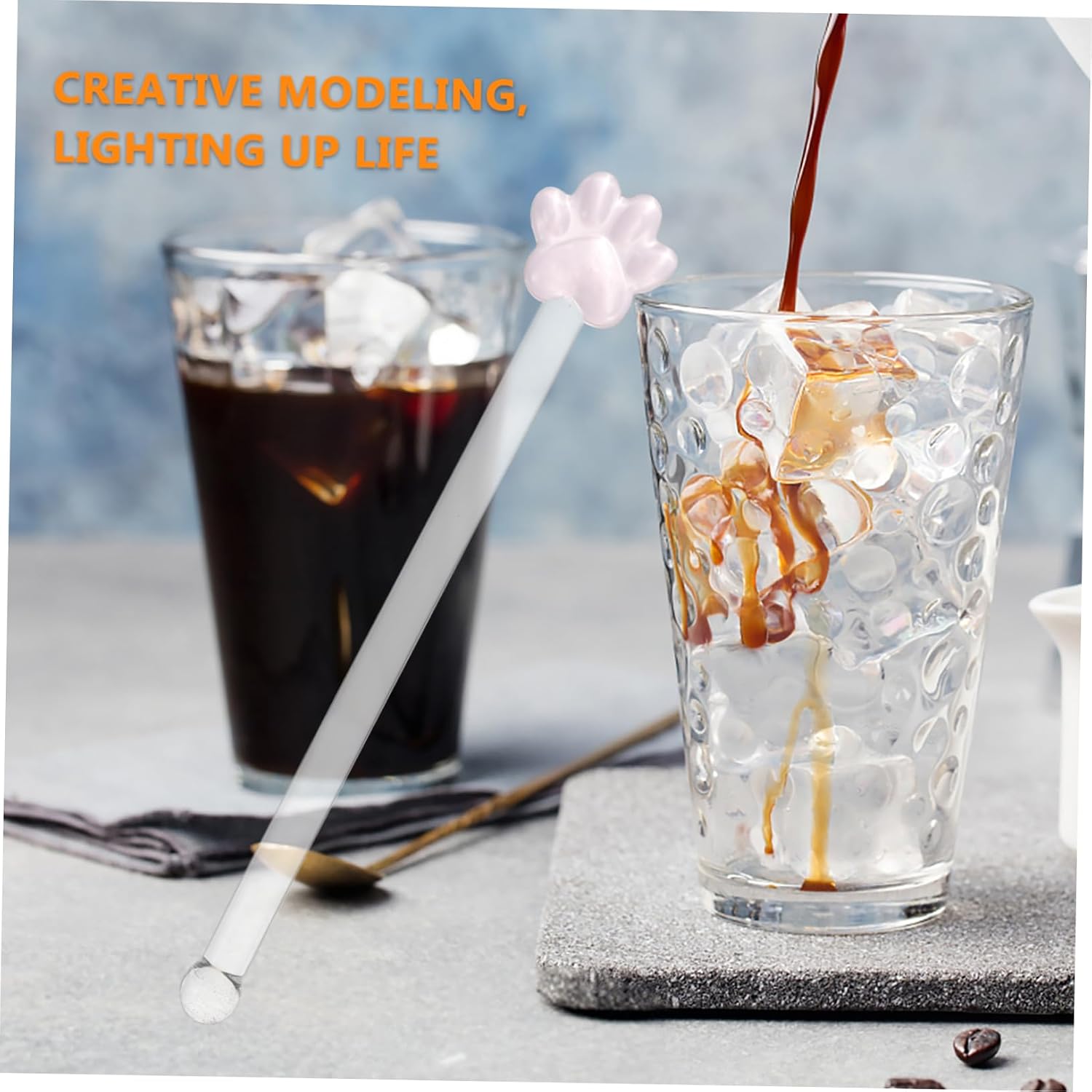 Cabilock 6Pcs Transparent Long Handle Glass Cat Claw Swizzle Sticks Assorted Stirrer Rods for Mixing Beverages Iced Tea Coffee and Lemonade
