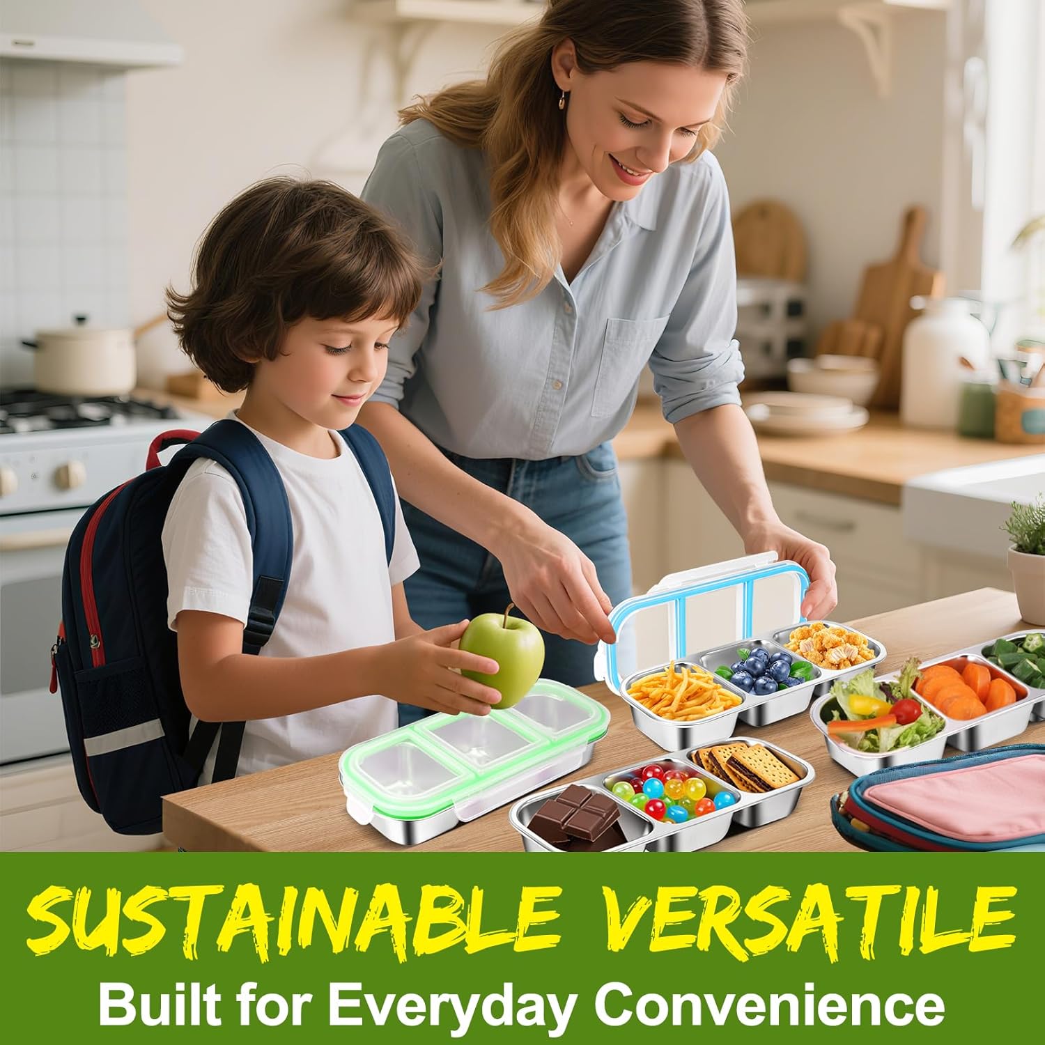 2 Pack Stainless Steel Snack Containers with Lids - Reusable 3 Compartment Snackle Box Container Divide Wet Dry Leakproof Metal Food Storage Containers for School, Home, Travel (Blue + Green) - Image 7