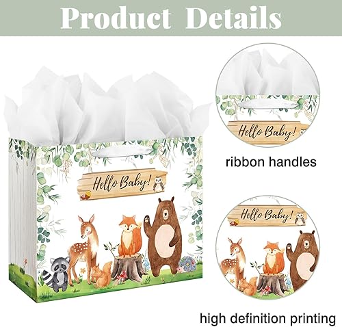 Miniatura 4 de Bolsa de regalo grande de 13 pulgadas para baby shower o cumpleaños con asa, papel de seda y tarjeta de felicitación (diseño verde salvia de