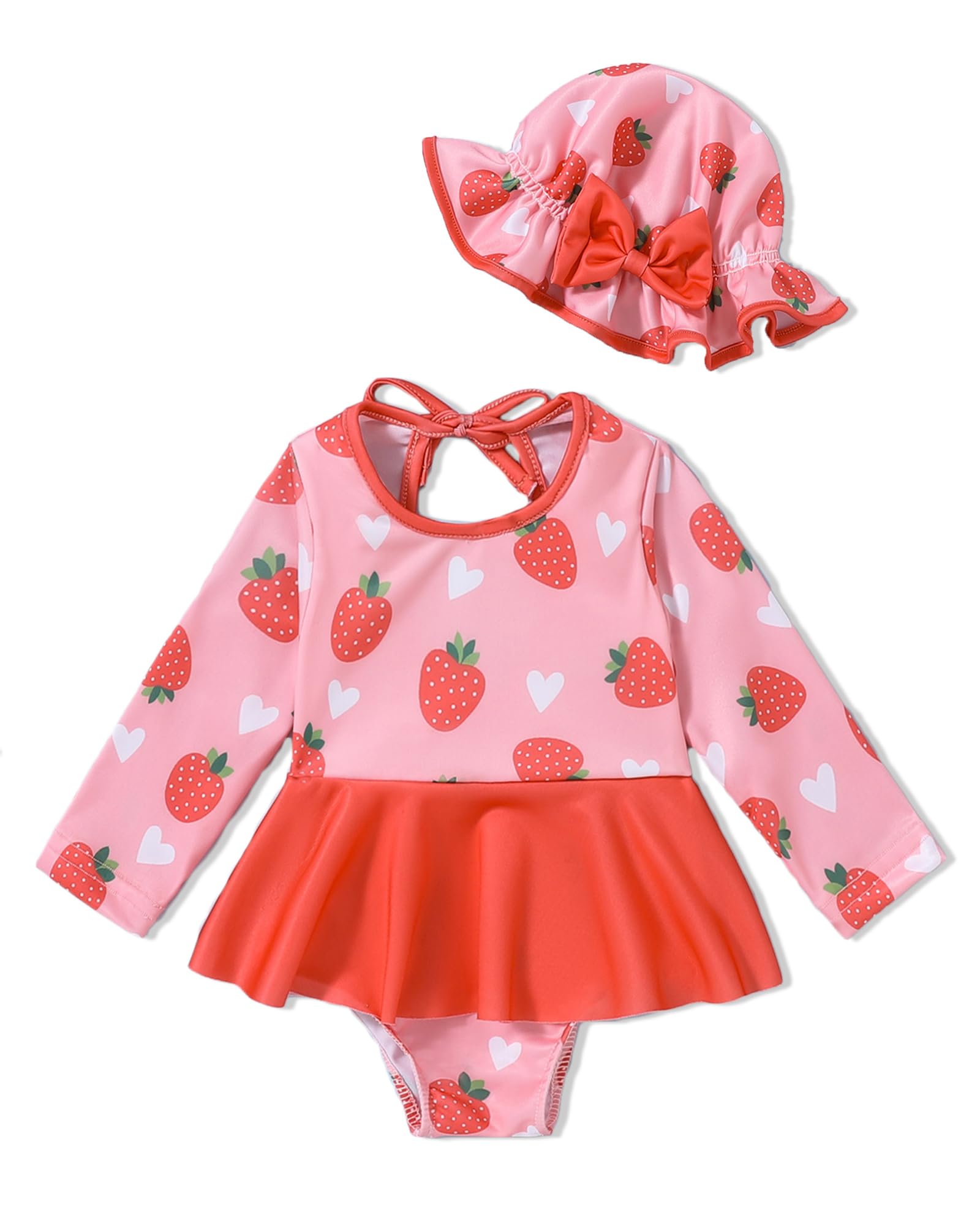 Doresbebe Baby Swimsuit Toddler Girl Swimsuit Infant Swimwear Ruffled One Piece Long Sleeve Bathing Suits for Girls +Hat 2Pcs