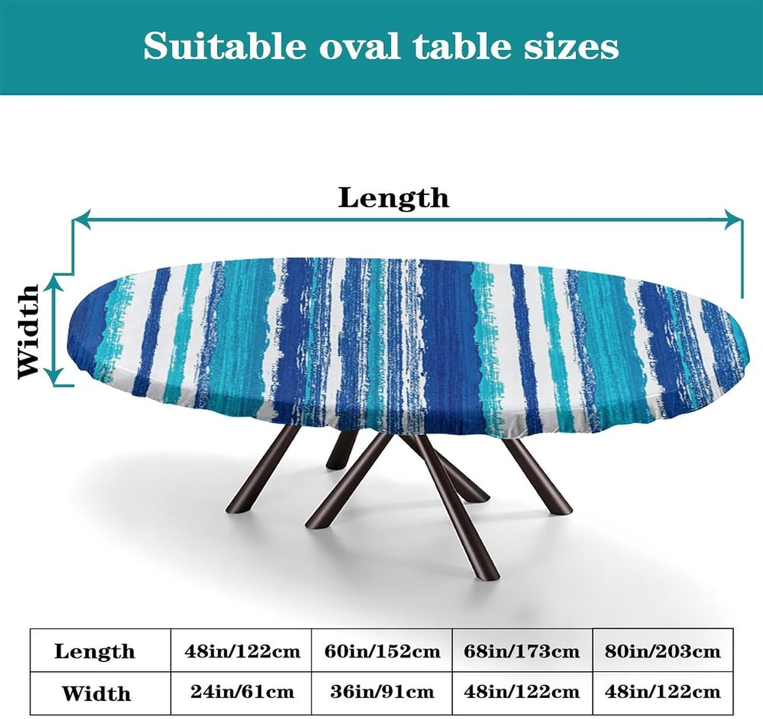 Elastic Edge Polyester Fitted Table Cover, Watercolor Blue Sstripes Wipeable Table Cloth, for Indoor Outdoor Party Dinner Patio, Fits for 48" x 68" Oval Table
