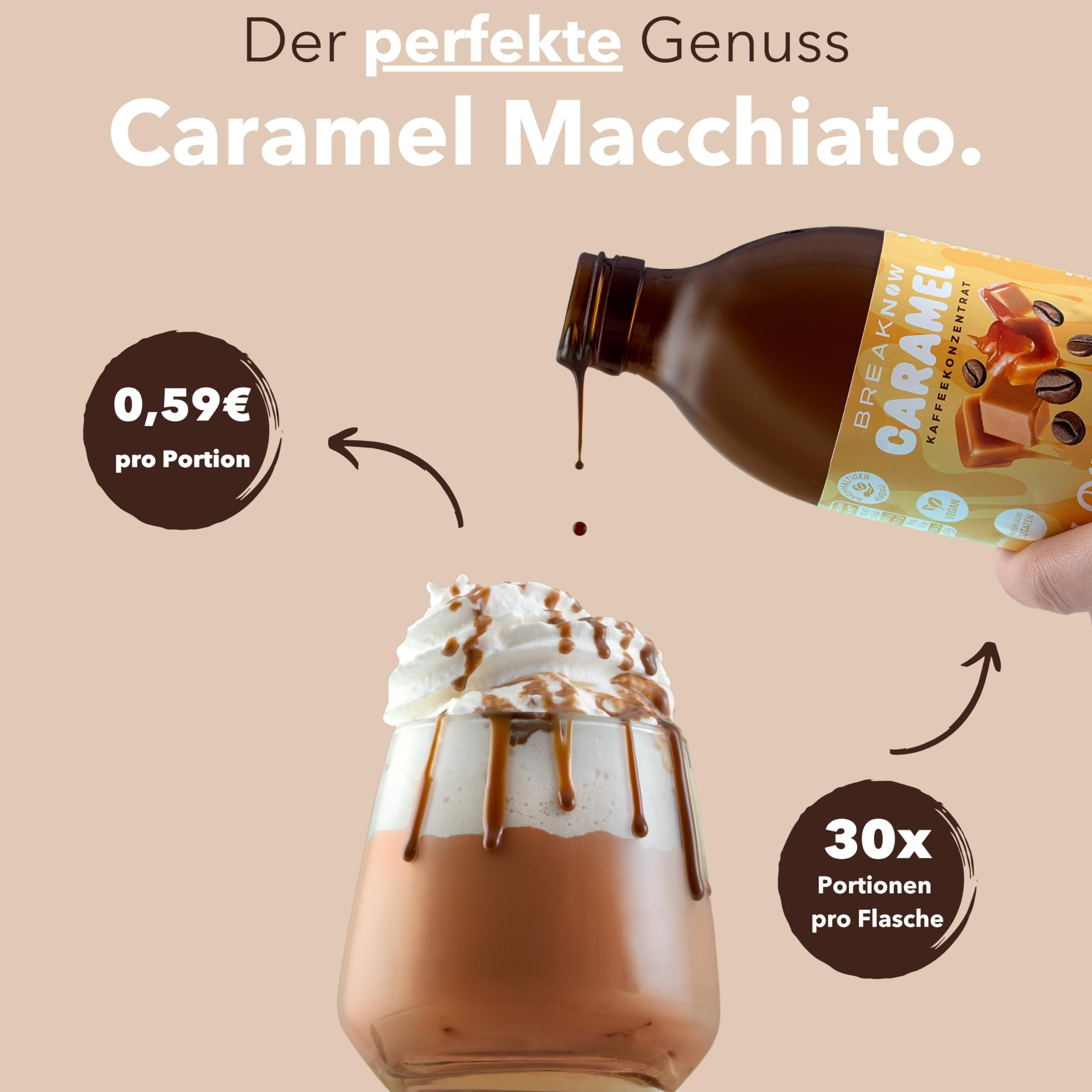 BreakNow Caramel Macchiato - Concentré de Café Glacé avec Arôme de Caramel - Sirop pour Cappuccino, Frappé - Prêt en 10 Secondes - 1 Bouteille = 30