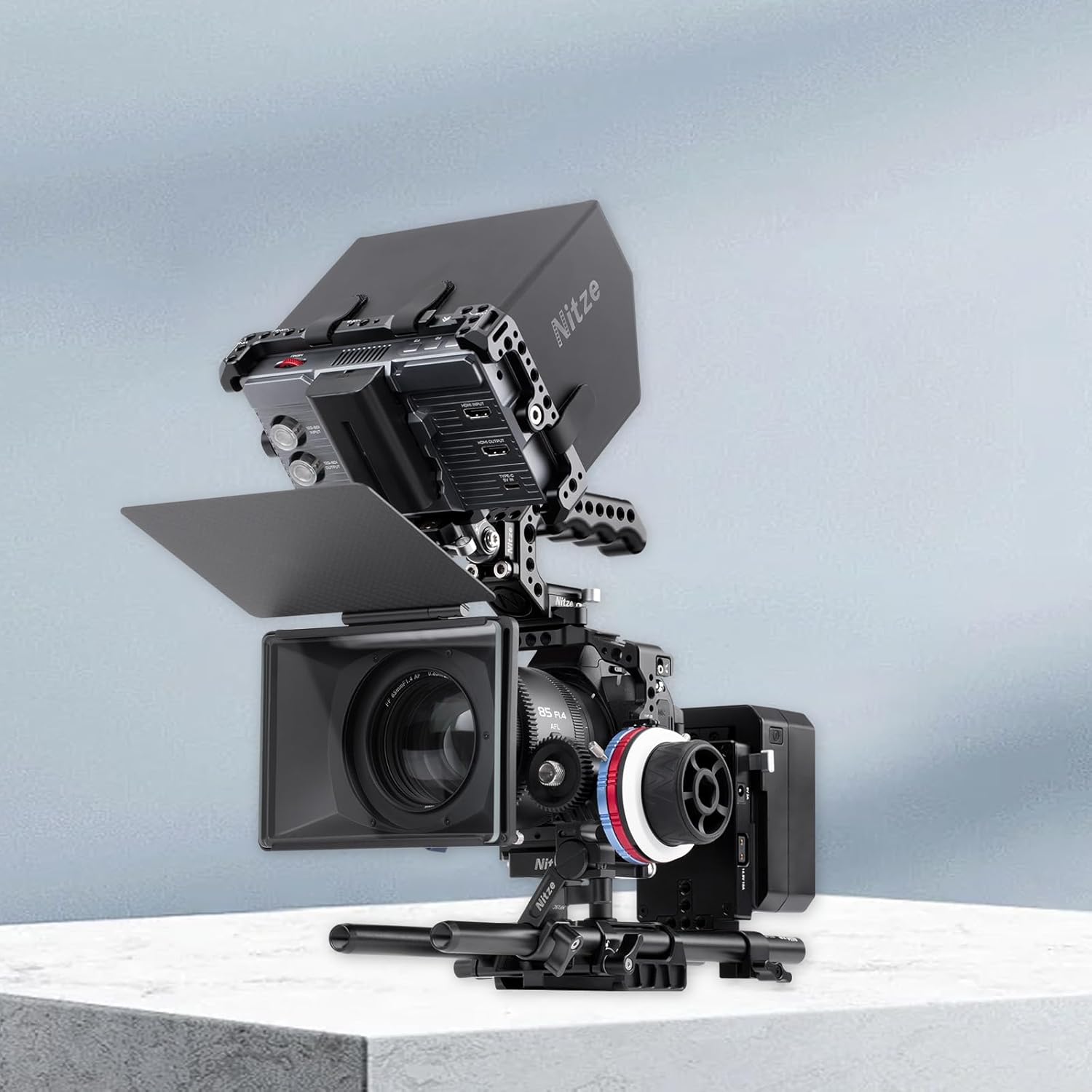 Nitze Cage for FeelWorld H5 Monitor, with PU Leather Sunhood and Built-in NATO Rail - JT-F10B