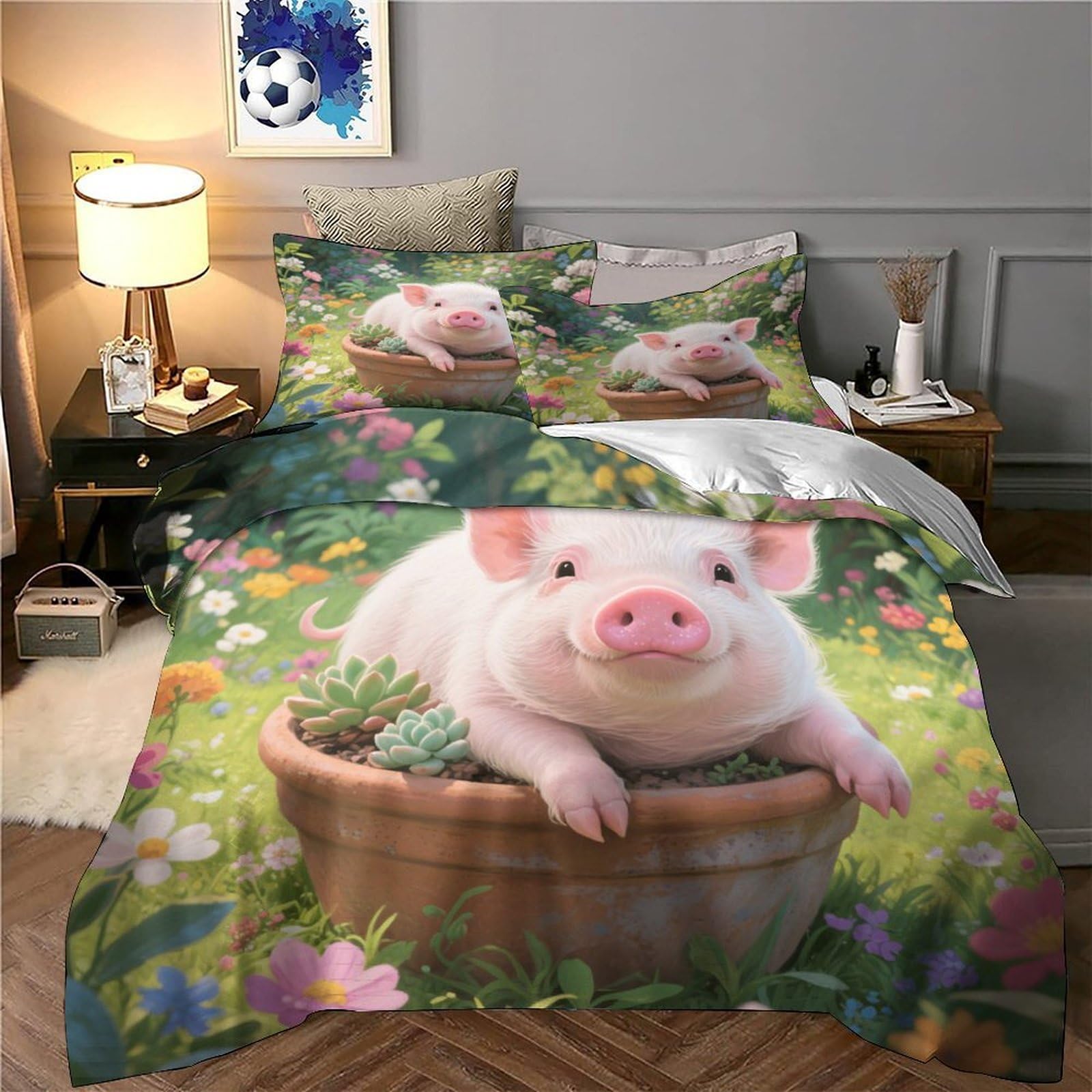 Niedliches Schweinchen isst Nudeln Bettbezug 3D Gedruckt Mikrofaser Pflegeleicht Schlafkomfort Bettdeckenbezug 3 Teilig Weich Reißverschluss mit Kissenbezug Atmungsaktiv for Männer & Kinder
