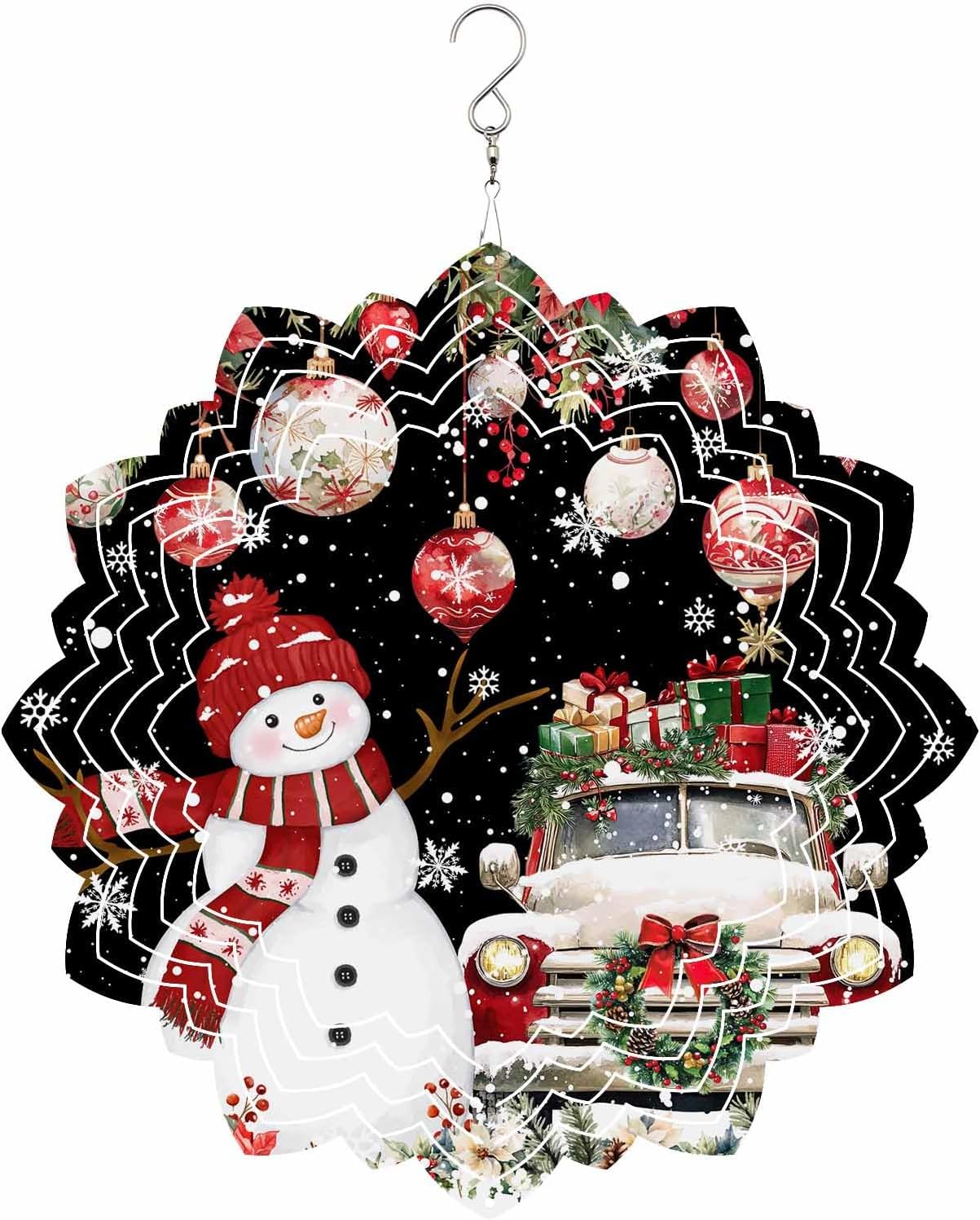 Christmas Wind Spinners for Yard and Garden Decor, Christmas Snowman Truck Metal Wind Spinner Hanging for Outdoor Indoor Decor, Xmas Ball Floral Black Porch Garden Wind Sculptures Decorations 10inch
