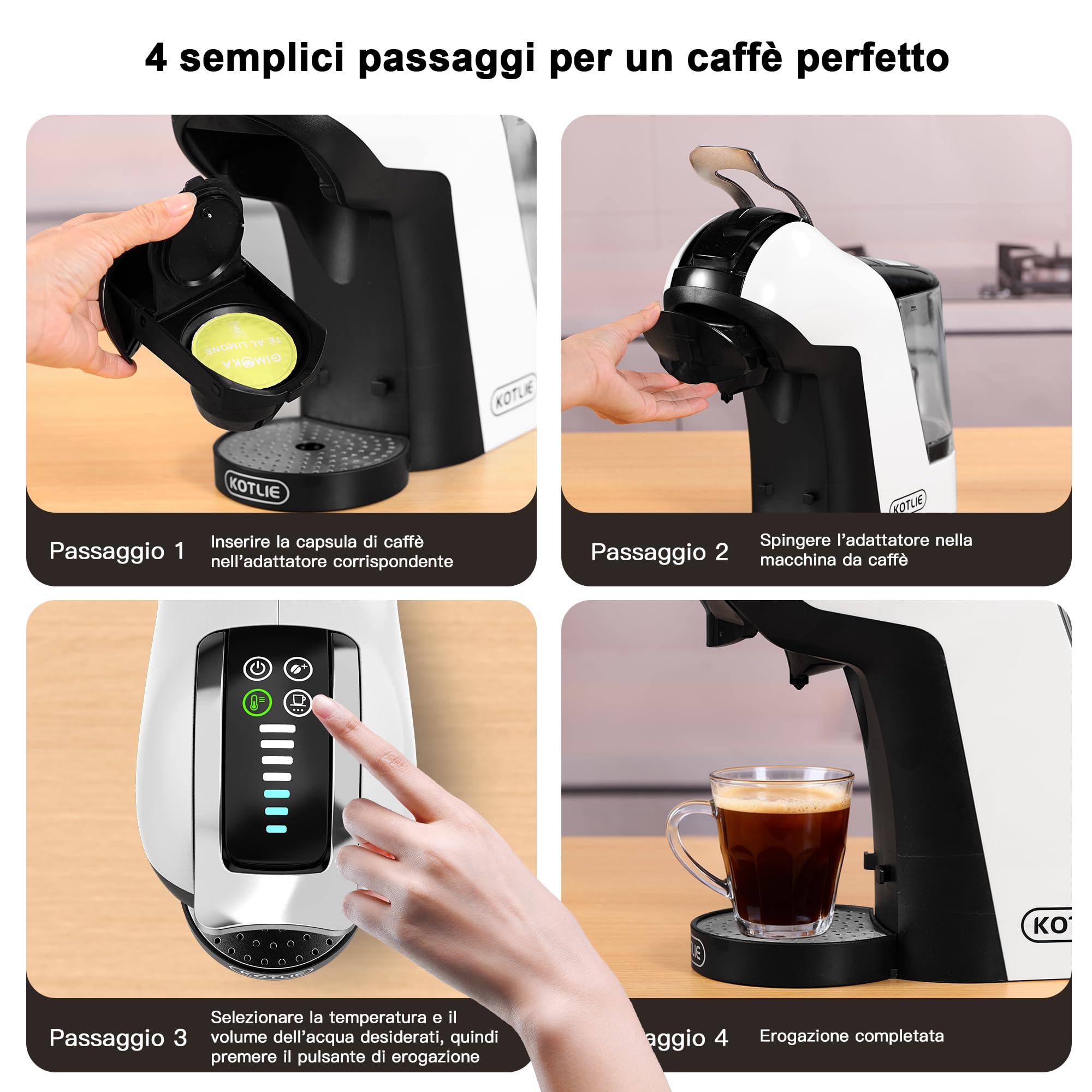 KOTLIE EM-308B Macchina da caffè a capsule NES/DG/MIO/ESE e caffè macinato, serbatoio d'acqua da 1 litro, 3 temperature di infusione, ideale per cucina, appartamento e ufficio