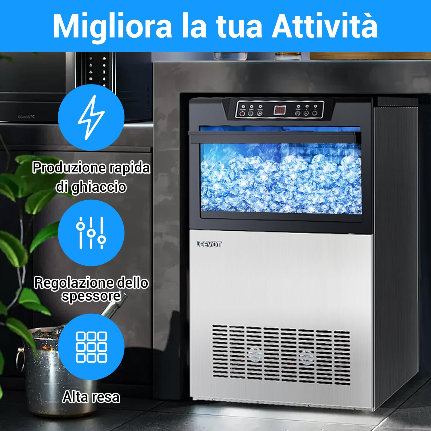 LEEVOT Macchina per Cubetti Ghiaccio Professionale - Macchina del Ghiaccio Casa 45KG/24h, 320W, per Casa, Bar e Uso Commerciale