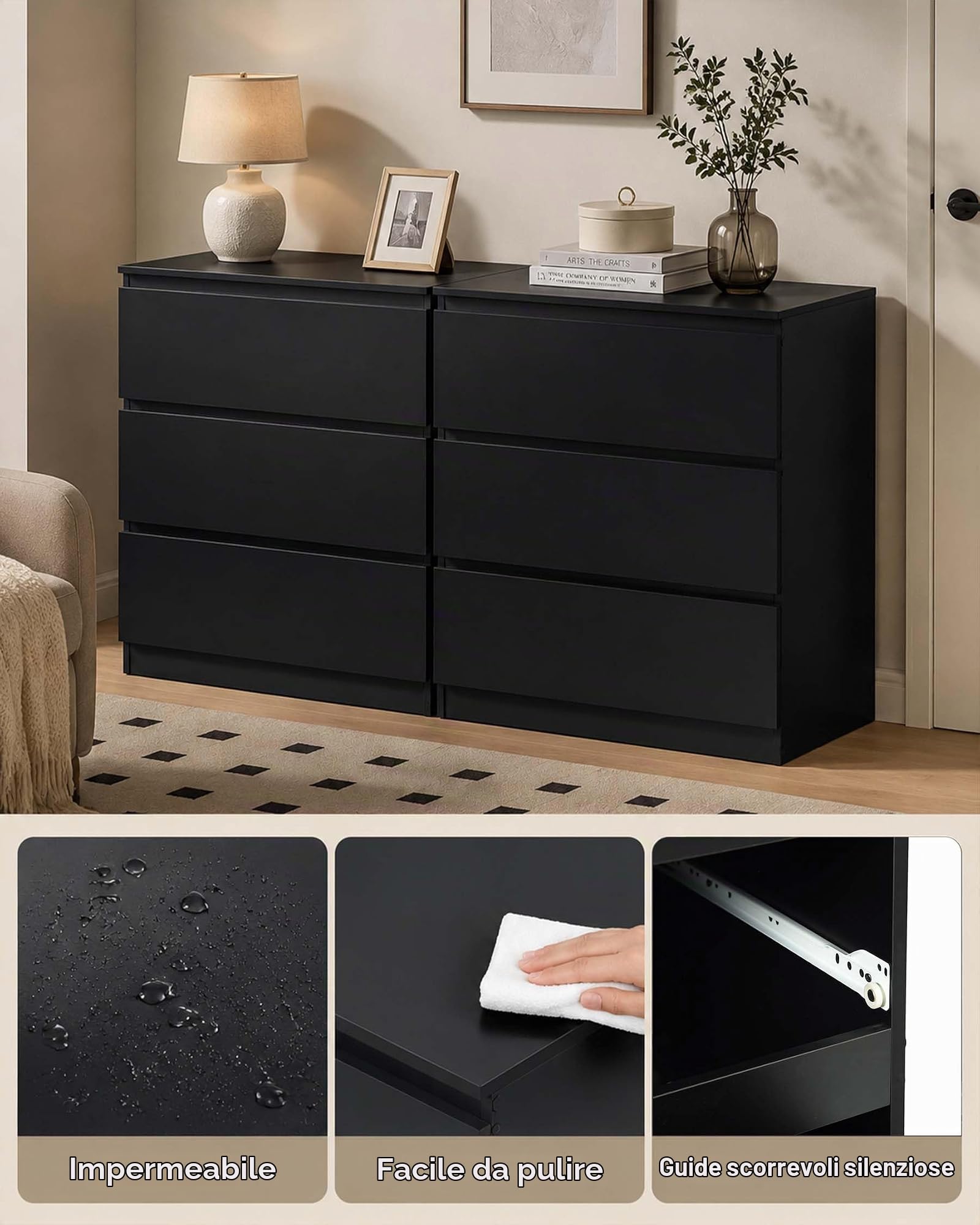 Cassettiera nera con 6 cassetti, per camera da letto