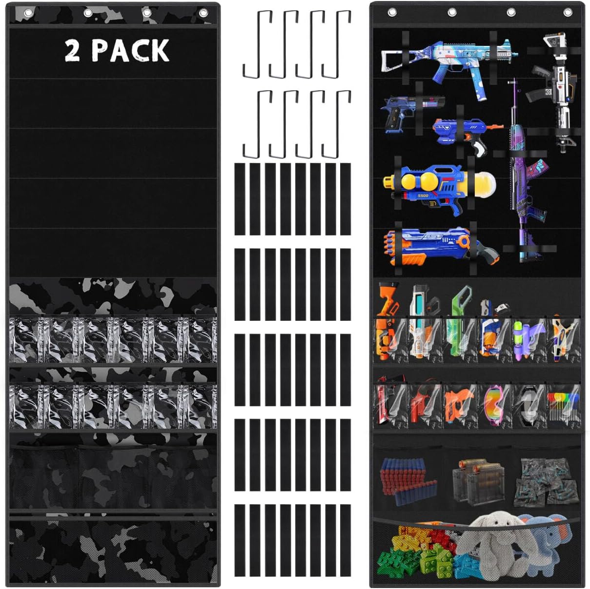 2 PACK Over the Door Organizer for Toy Guns, Door Hanger Toys Storage Organizer Adjustable Straps with Pockets for Foam Blasters, Darts, Goggles, Hanging Toys Gun Storage for Kid Rooms, Play Rooms