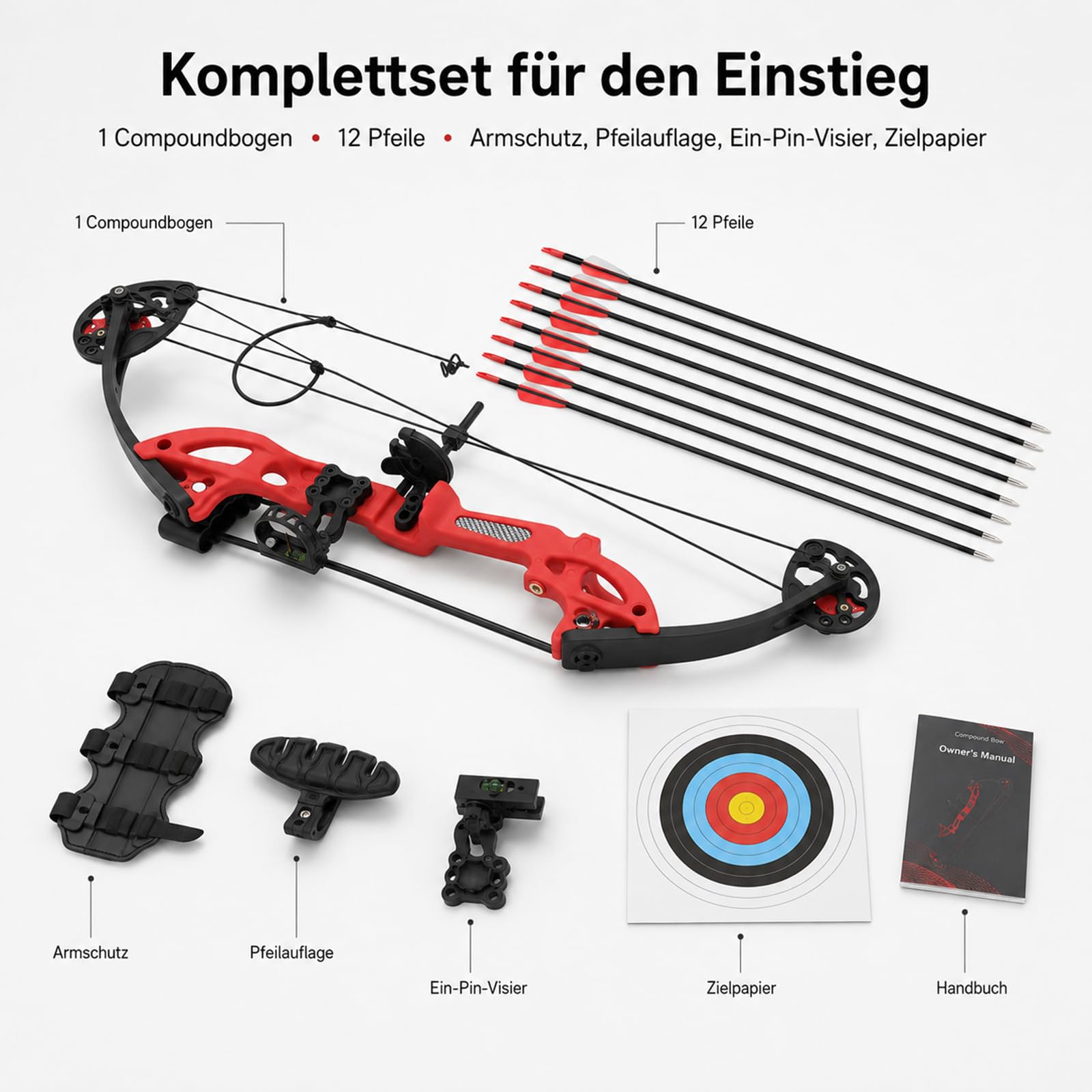 Pfeil und Bogen Kinder Set mit Visier Armschutz Auflage | Einstellbar 16-29 Lbs Zuglänge (19,3-28,4 Zoll) für Jugendliche Und Einsteiger für Rechtshänder (Rot)