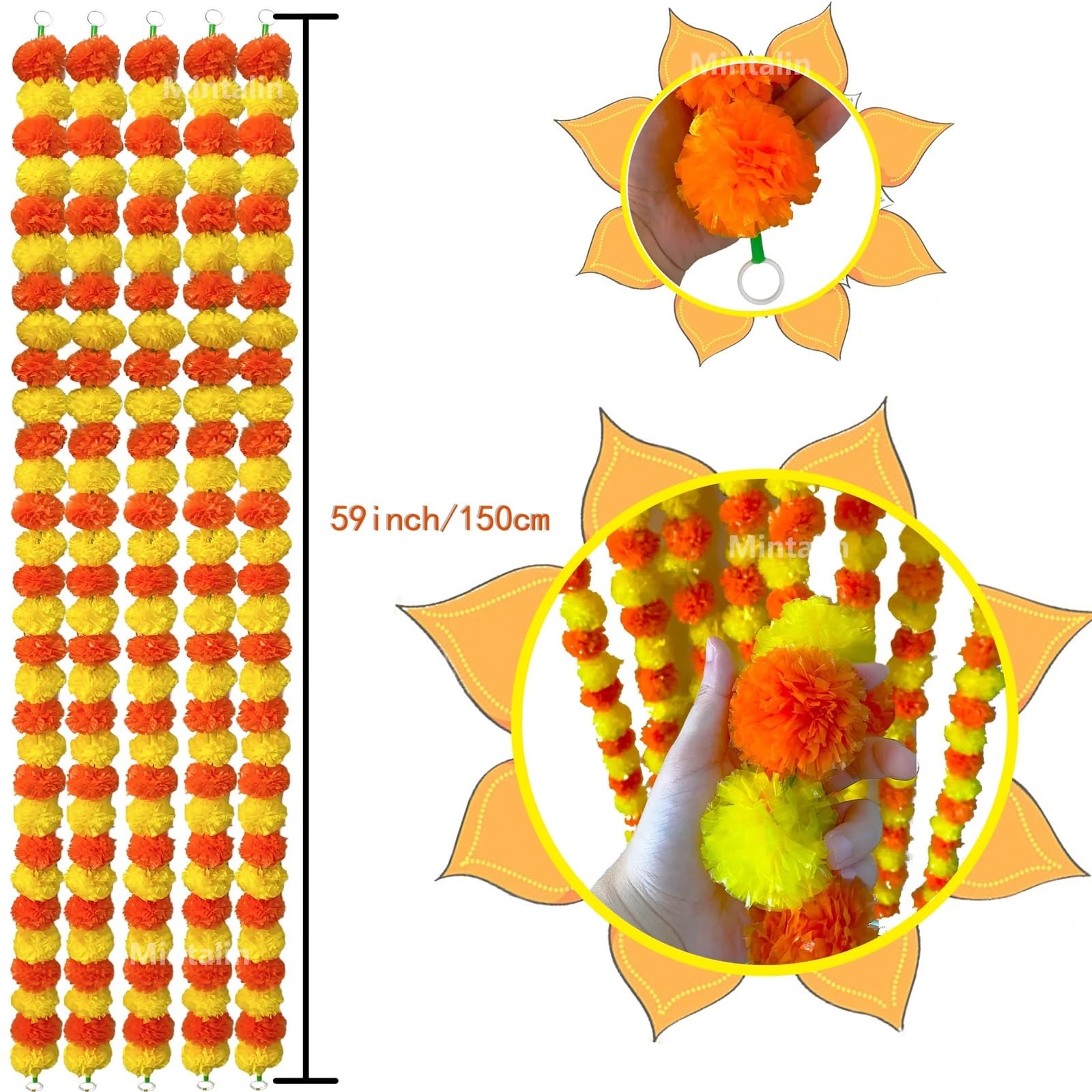 piante finte Ghirlanda di fiori calendula con зo, artificiali for Diwali Home fai da te Decorazione artigianale Festa nozze per decorazione(Roseo Yellow,5pcs)