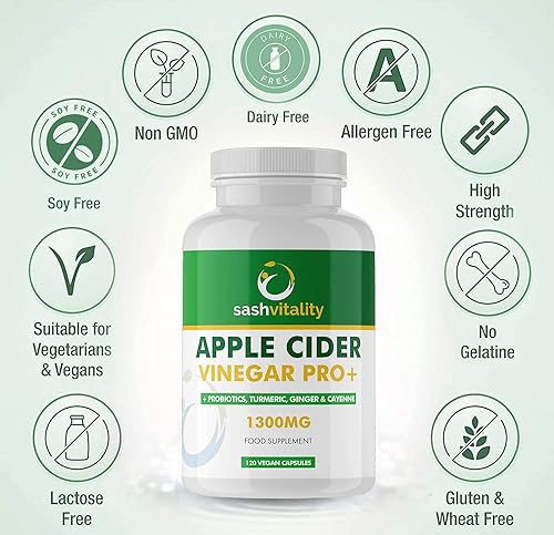 Miniatura 4 de Complejo de vinagre de sidra de manzana crudo - 1300 mg - con cúrcuma, jengibre, probióticos 200 mil millones y prebióticos, pimienta de cayena,