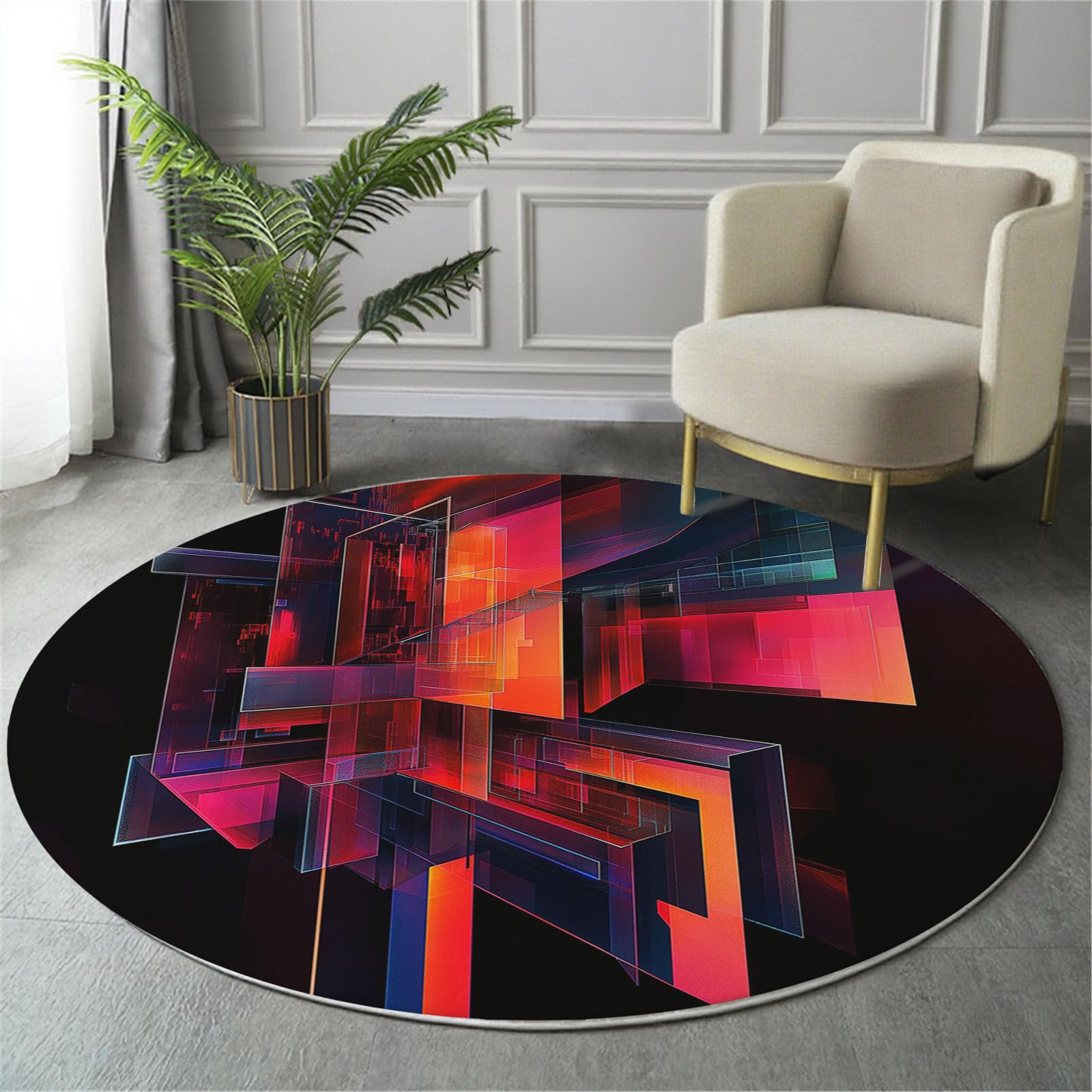 Tapis rond salon cube bloc de verre rouge style géométrique abstrait