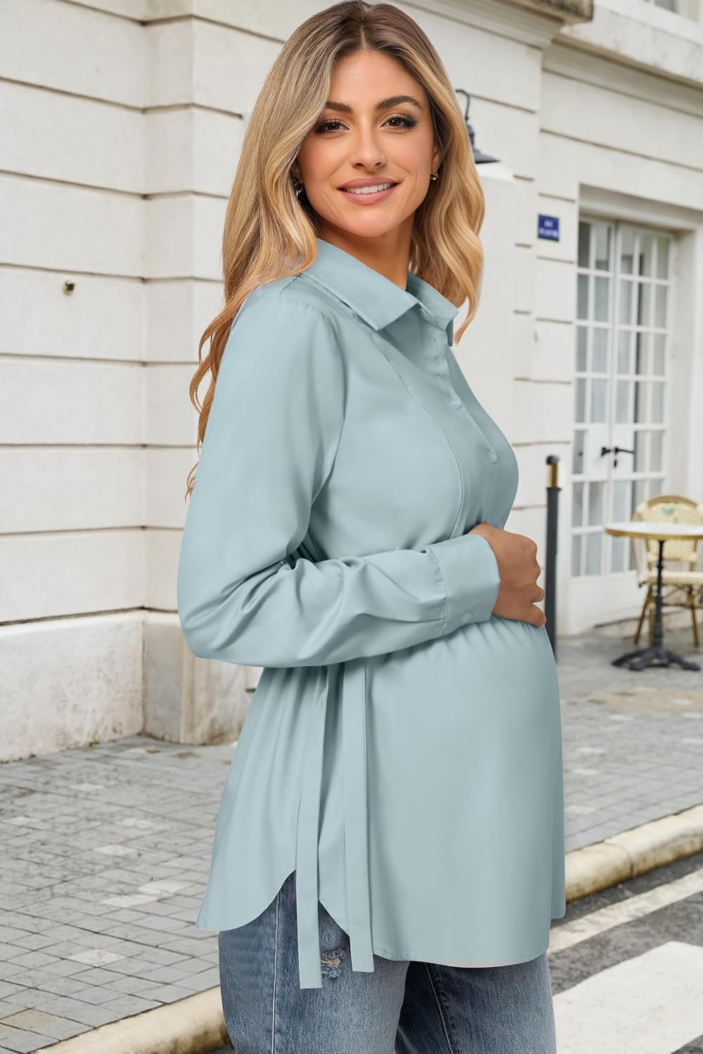 OUGES Women's Maternity Shirts Long Sleeve Belted Hidden Zippers Breastfeeding Blouse Button Down Work Office Business Casual Nursing Friendly Pregnancy Must Haves Tops Clothes(Gray Green,L)