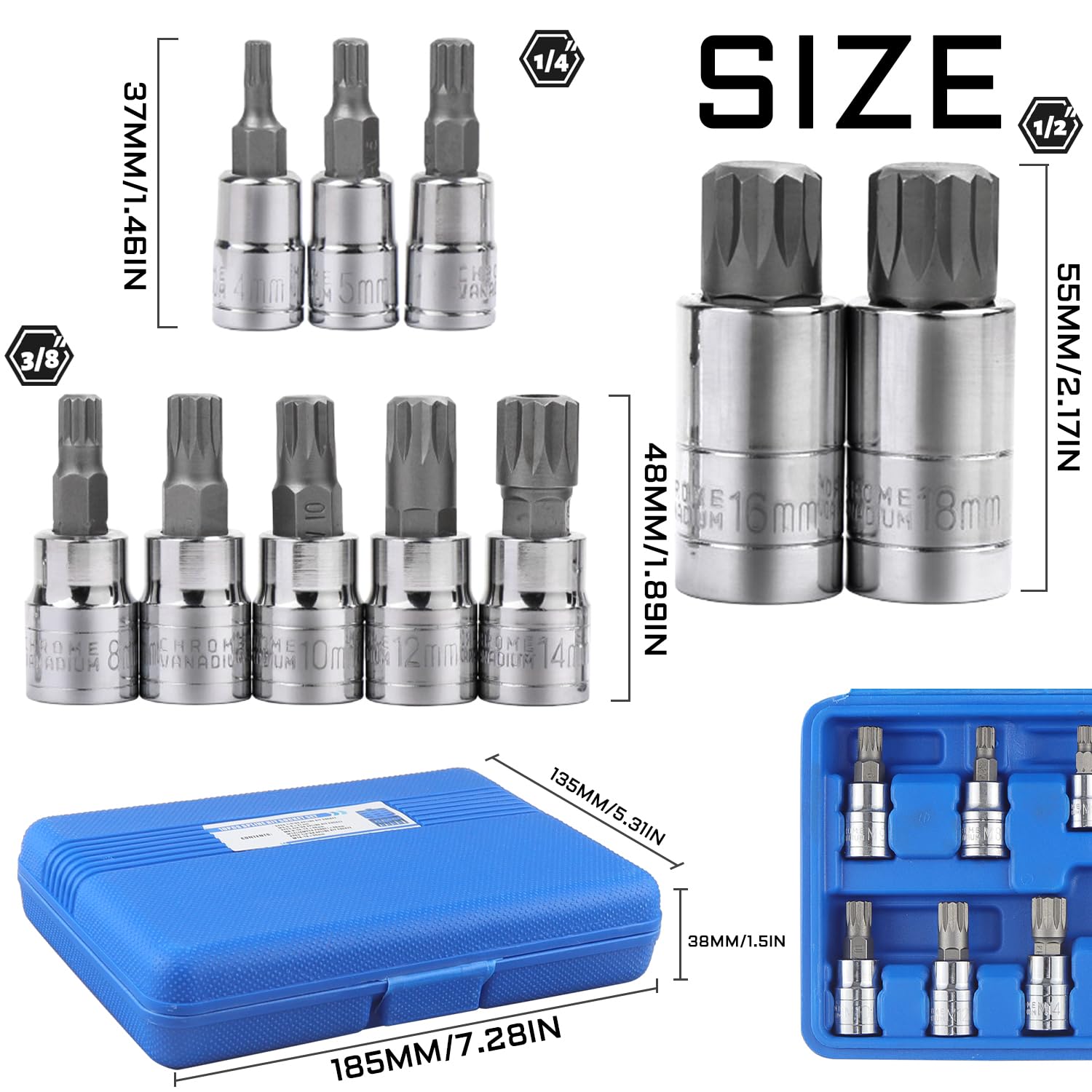 Vielzahn Satz XZN Vielzahn Bit-Stecknuss Set M4 M5 M6 M8 M10 M12 M14 M16 I 8-tlg CR-V Lange Steckschlüssel