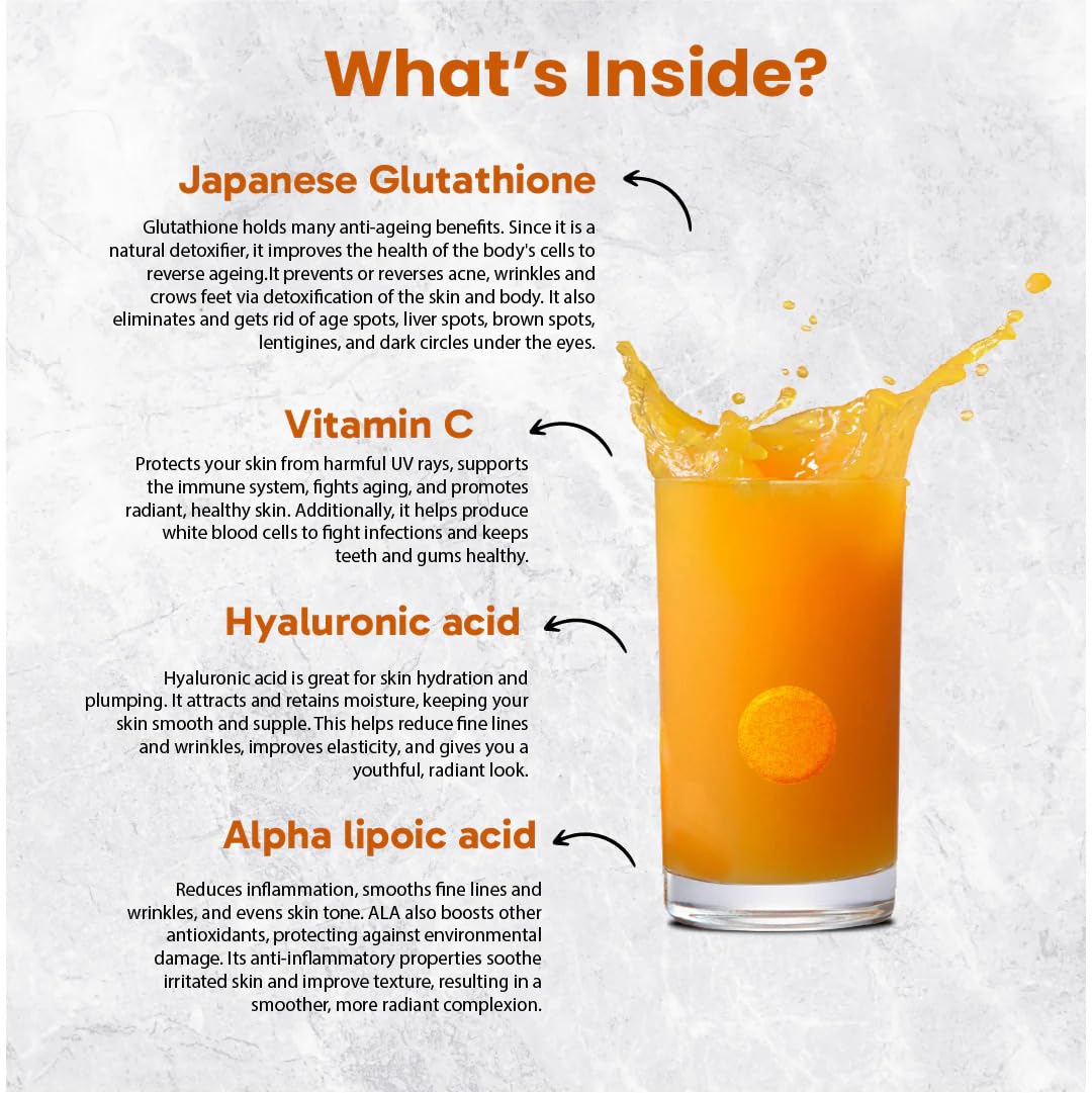 Skin GlowUp Japanese Glutathione Tablets Pack of 15 Tablets| 500mg Glutathione + Vitamin C + Hyaluronic Acid | Skin Brightening & Anti-Ageing Supplement | No Added Sugar, Vegan, Gluten Free | Orange Flavor — Amazon image 4