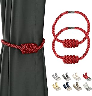 BEL AVENIR Magnetic Curtain Tiebacks 2 Pack Hand-Woven Curtain Ties | Red Decorative Curtain Holdbacks Bohemian Style Tie-Backs with Exquisite Knot