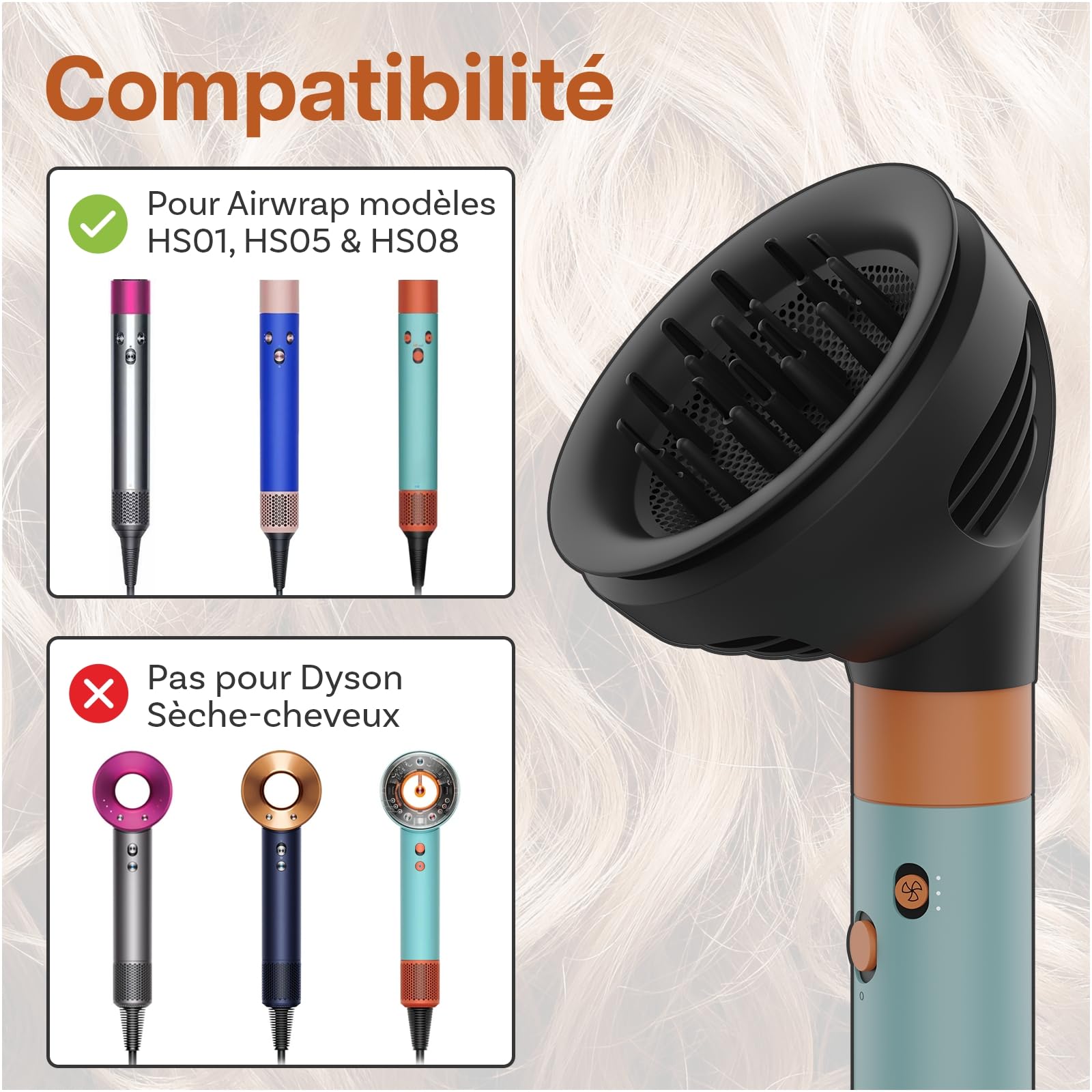 Diffuseur Wave Curl pour Dyson Airwrap par MMOBIEL – Embout Compatible HS01, HS05, HS08 – Double Mode Flux d'Air & Diffusion pour Boucles Définies, Volume et Ondulations – Accessoire Coiffure - Gris