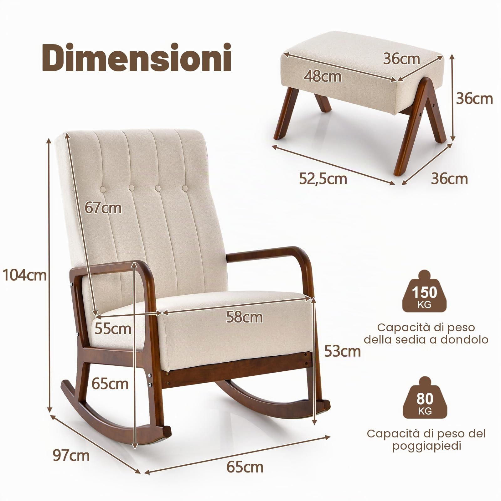 HOMASIS Sedia a Dondolo con Poggiapiedi, Set da Poltrona a Dondolo con Braccioli e Struttura in Legno Massello, Sedia Allattamento per Camera da Letto, Salotto, Fino a 150 kg, 97x65x104cm (Beige)