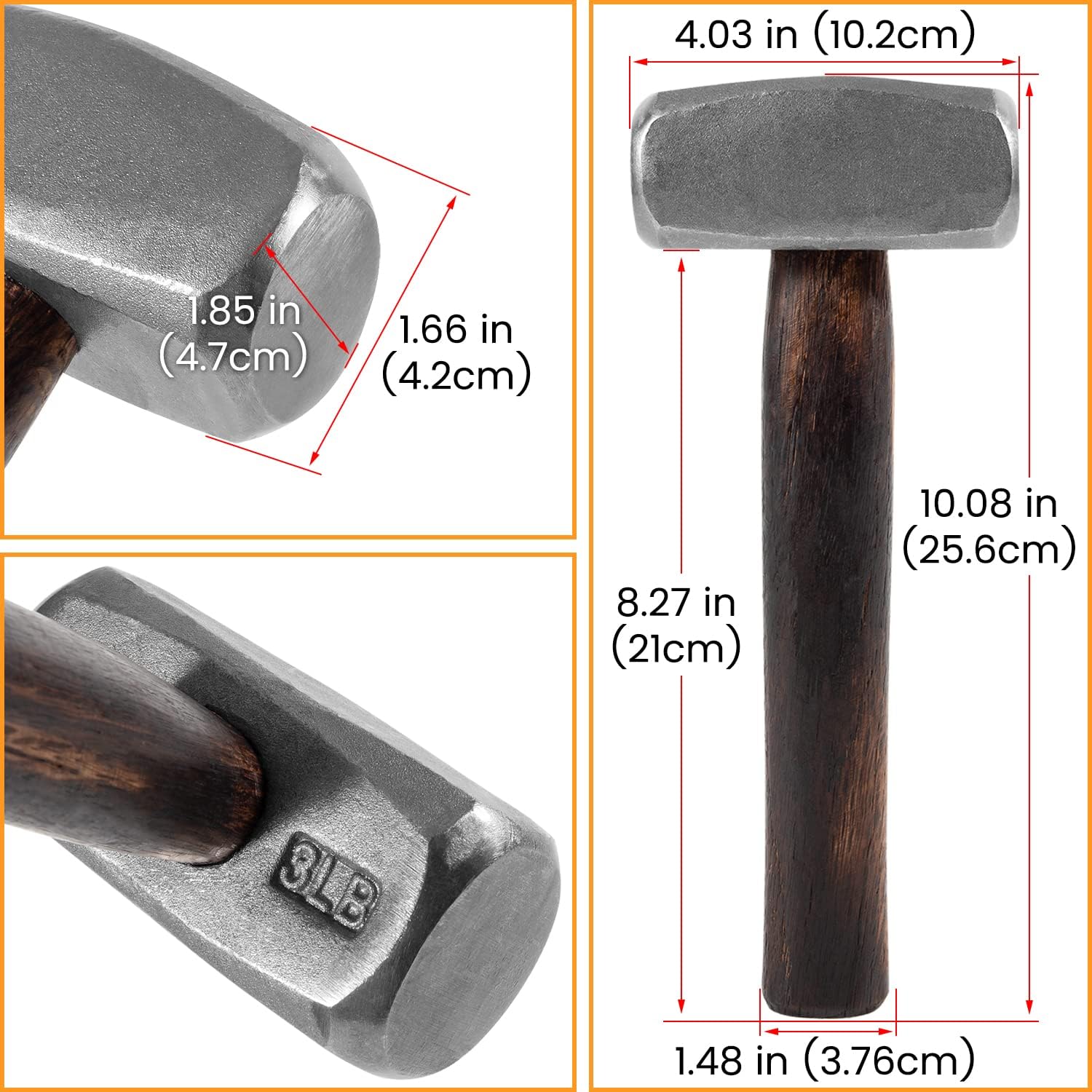 3lb Blacksmith Hammer Bladesmith Forge Engineer Drilling Stubby Hammer Handmade Knife Making Metal Working Forging Farrier Tool Flat Round Face with Wooden Handle Steel Head