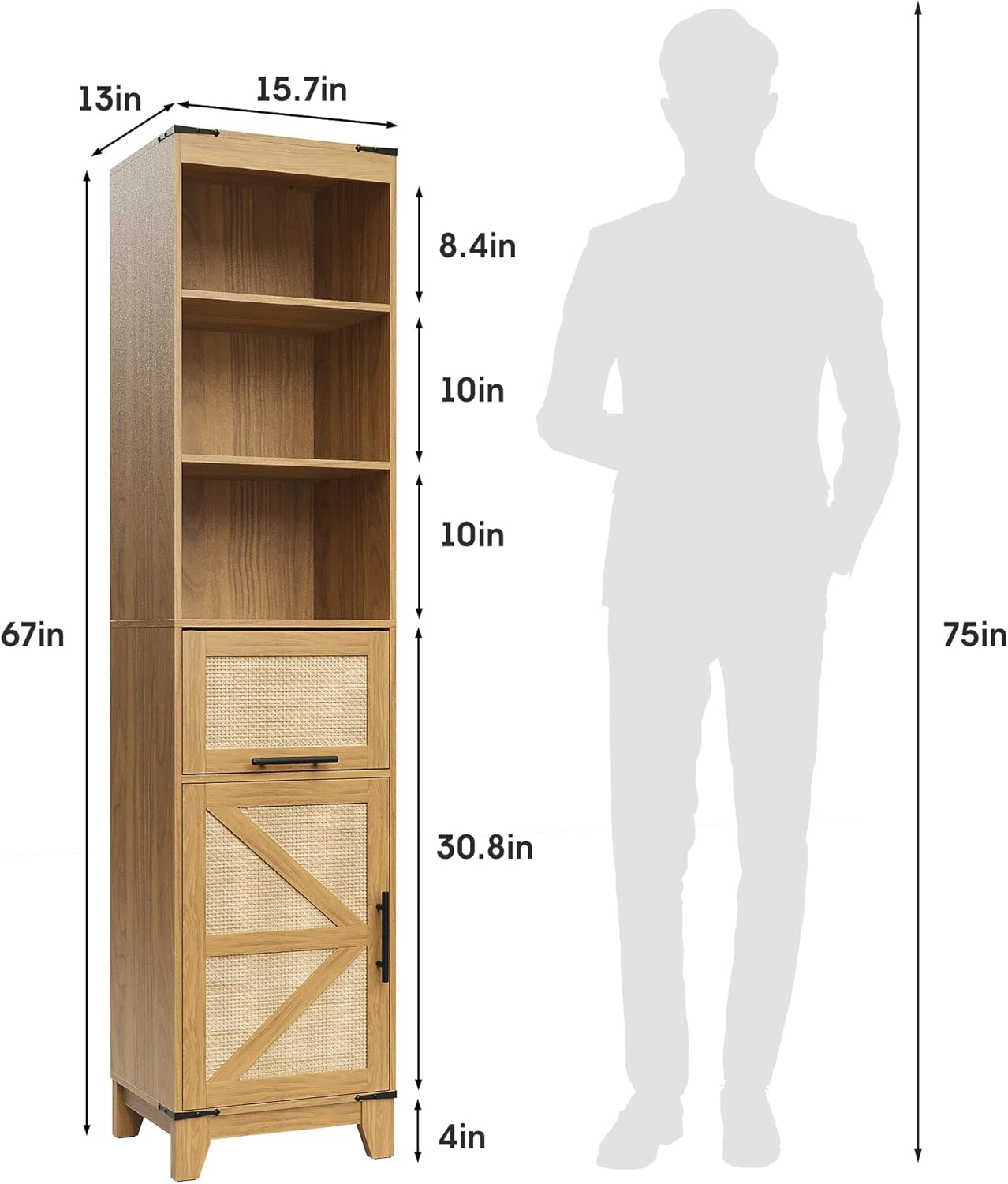 Dimensions of the Maupvit Rattan Tall Narrow Storage Cabinet next to a human silhouette for scale