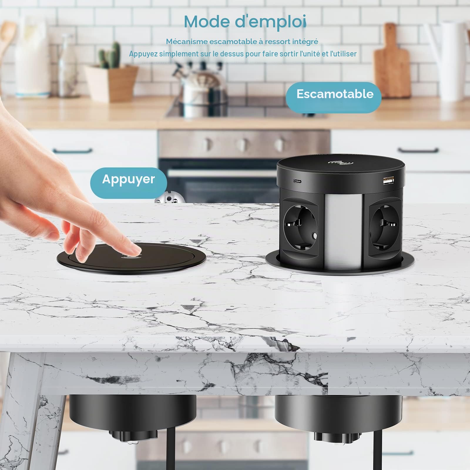 Prise Encastrable Plan de Travail et Bureau, 4 Prises AC + 2 USB-C + 2 USB-A, Chargeur sans Fil 5W, Multiprise Escamotable Automatique, 1,7m de Câble, Noir