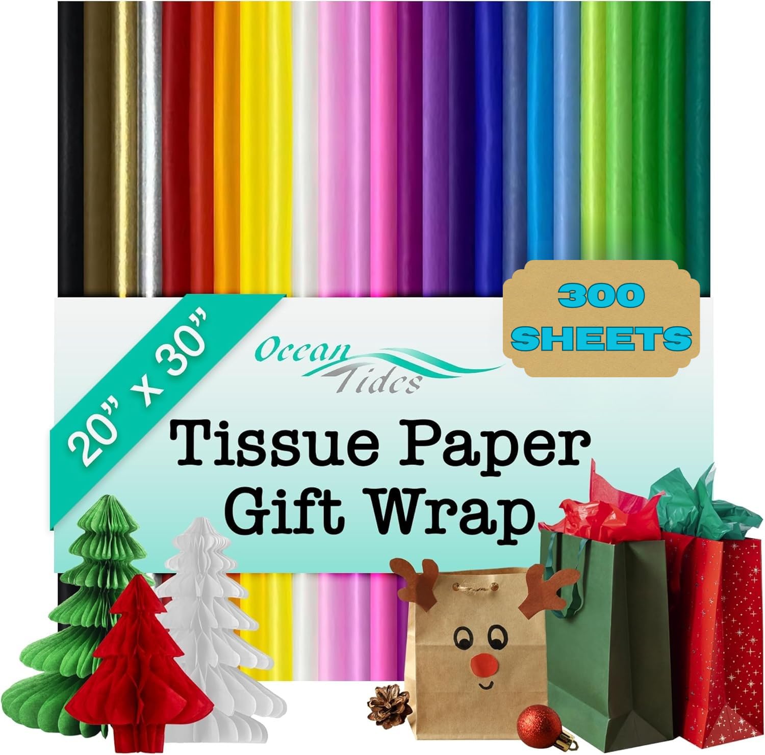 Ocean Tides Lot de 300 feuilles de papier cadeau de Noël (50,8 x 76,2 cm) – Papier de soie coloré pour sacs cadeaux et décorations – Assortiment de couleurs