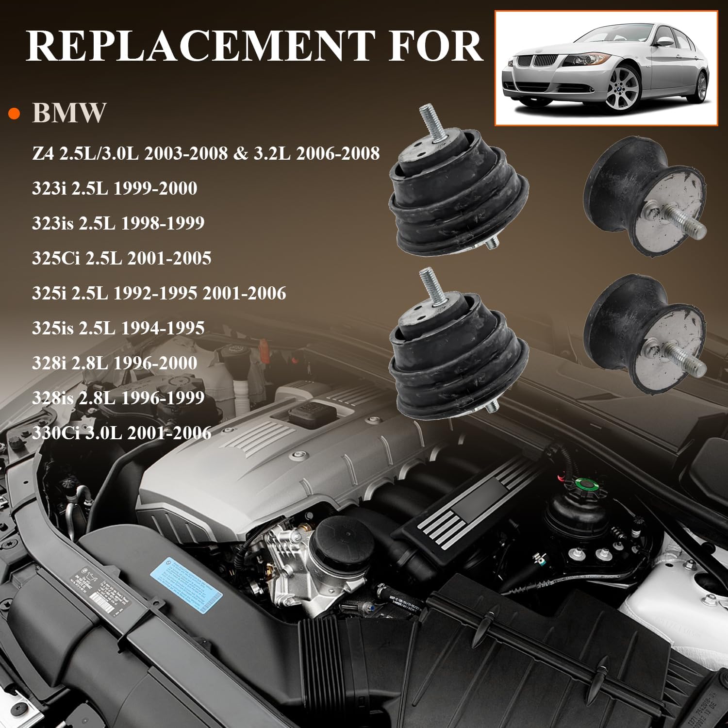 Engine Motor Mount & Trans Mount Replacement for BMW Z4 2.5L/3.0L 2003 2004 2005 2006 2007 2008 & 3.2L 2006 2007 2008, 323i 2.5L 1999 2000, Engine Mount Set of 4 Replaces OE# 2068480804