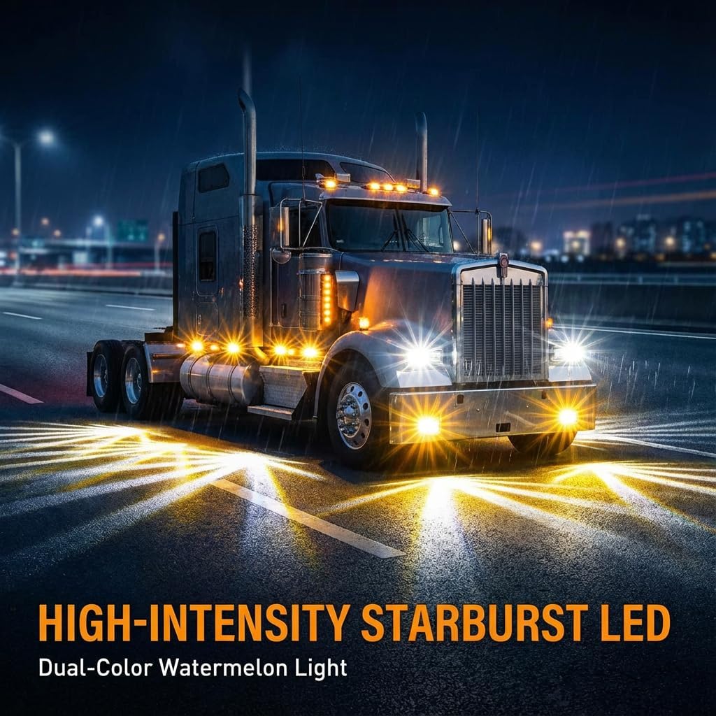 10 Pieces LED Truck Watermelon Lights 12V-24V – Two-color with Strobe Function – IP67 Waterproof Position Light Marker Light with Star Pattern Effect & Chrome Frame for Trucks, Trailers (White/Amber)