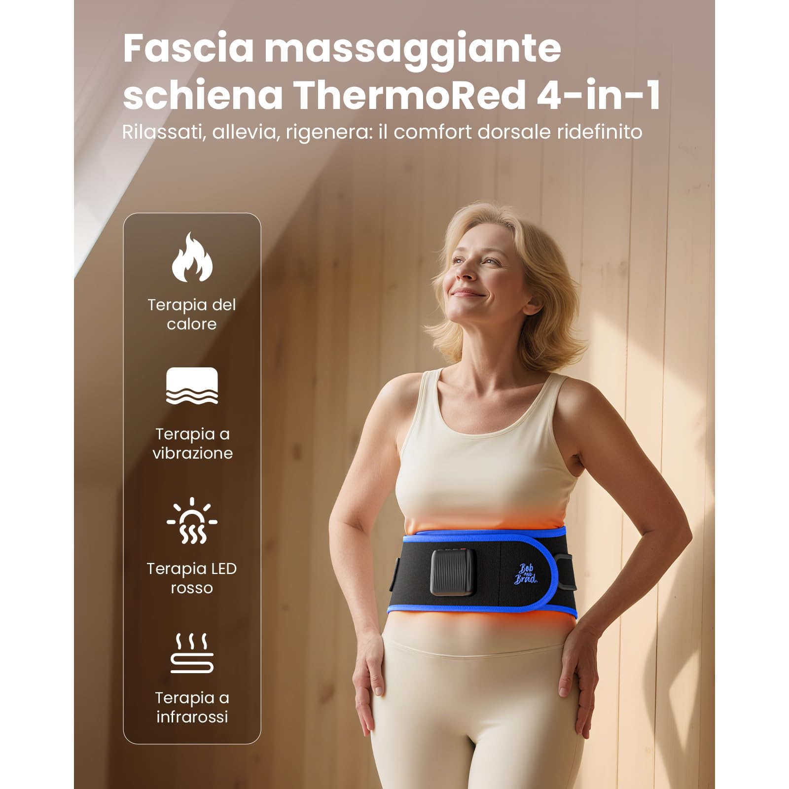 BOB AND BRAD Fascia Lombare Riscaldante ThermoRed con Massaggio Vibrante e Luce Rossa, Senza Fili Ricaricabile, Ideale per Casa Ufficio e Yoga, Regalo per Uomo e Donna