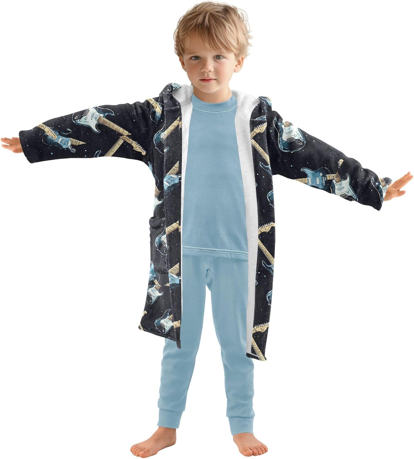 Music Electric Guitar Bathrobe Hooded PJ Robe Soft Fleece Robe Pajama Sleepwear 2-12 Years