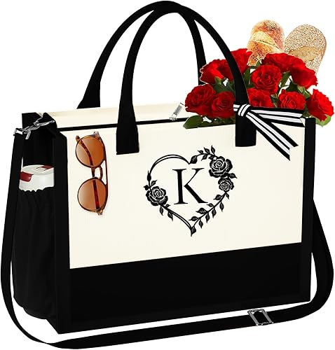 Regalos de cumpleaños personalizados para mujeres, monograma de lona de viaje con inicial, bolsa de playa con cremallera para mujer y ella