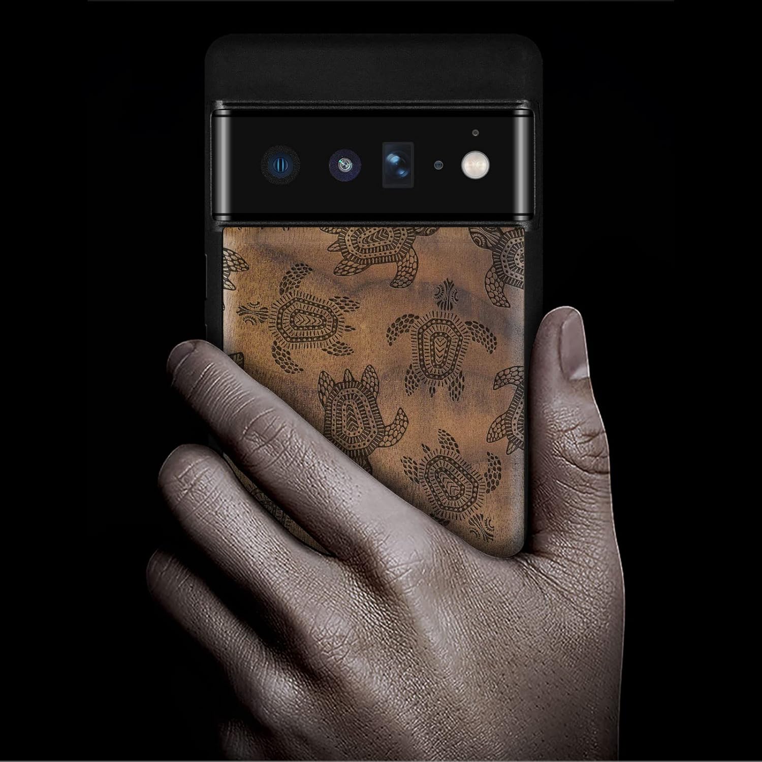 Carveit Wood Case for Pixel 6 Pro Case [Natural Wood & Black Soft TPU] Shockproof Protective Unique Wooden Cover Compatible with Google Pixel 6 Pro (Sami Art of Turtles-Walnut)