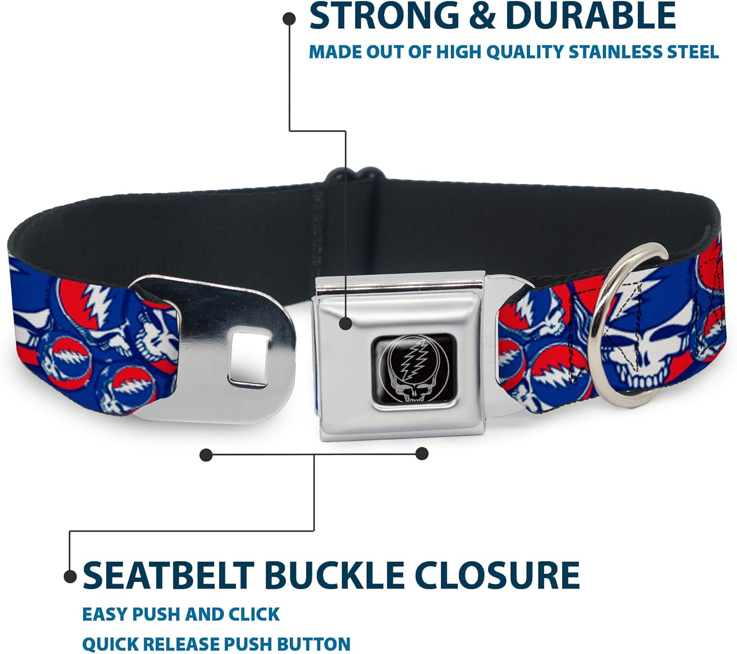 Buckle-Down Seatbelt Buckle Dog Collar - Steal Your Face Stacked Red/White/Blue - 1" Wide - Fits 15-26" Neck - Large