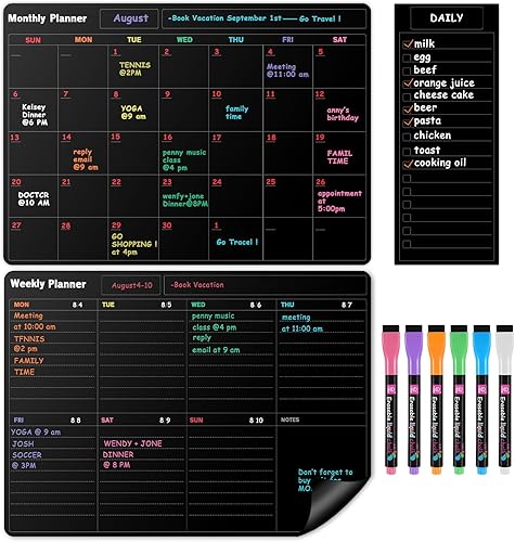 Miniatura 8 de Fridge Black Whiteboard Calendar Set(3-Pack),1 Pcs Magnetic Chore Chart and 1 Pcs Refrigerator Weekly Planner,1 Pcs List and 6 Markers,Reward Chore