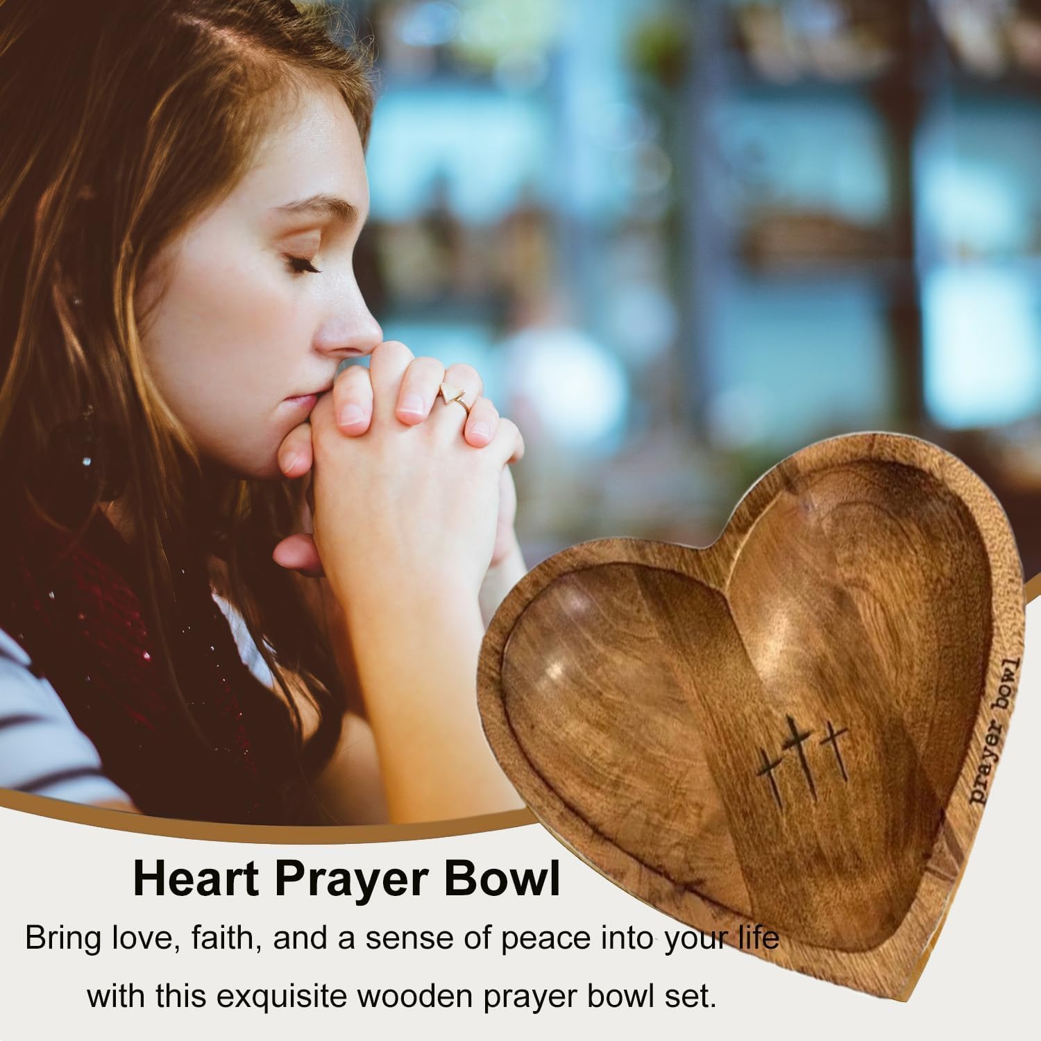 Prayer Bowl Wooden with Cards, Wooden Heart Prayer Bowl with Cross, Handcrafted Wood Prayer Dough B owl for Women with 24 Prayer Cards
