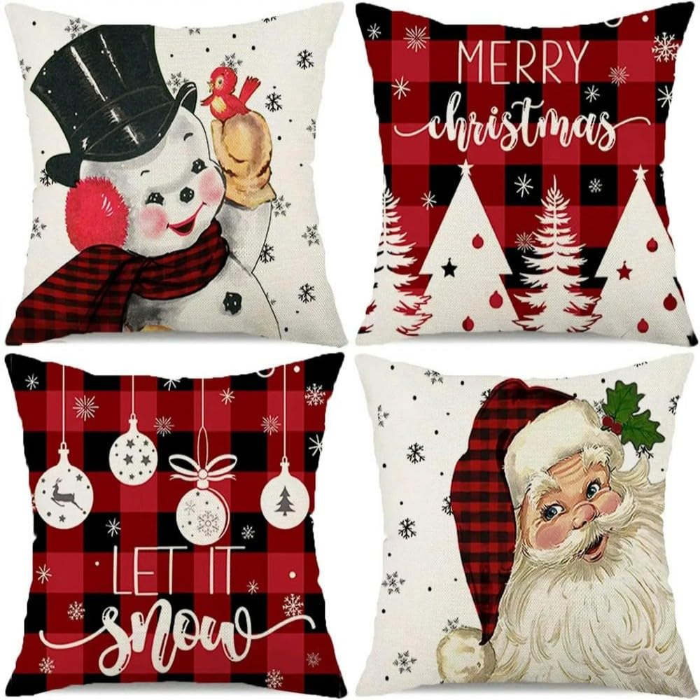 ZBDP - 4 federe per cuscini natalizi, Babbo Natale, pupazzo di neve, fiocchi di neve, fattoria, bufalo, plaid albero di Natale, decorazione per le vacanze