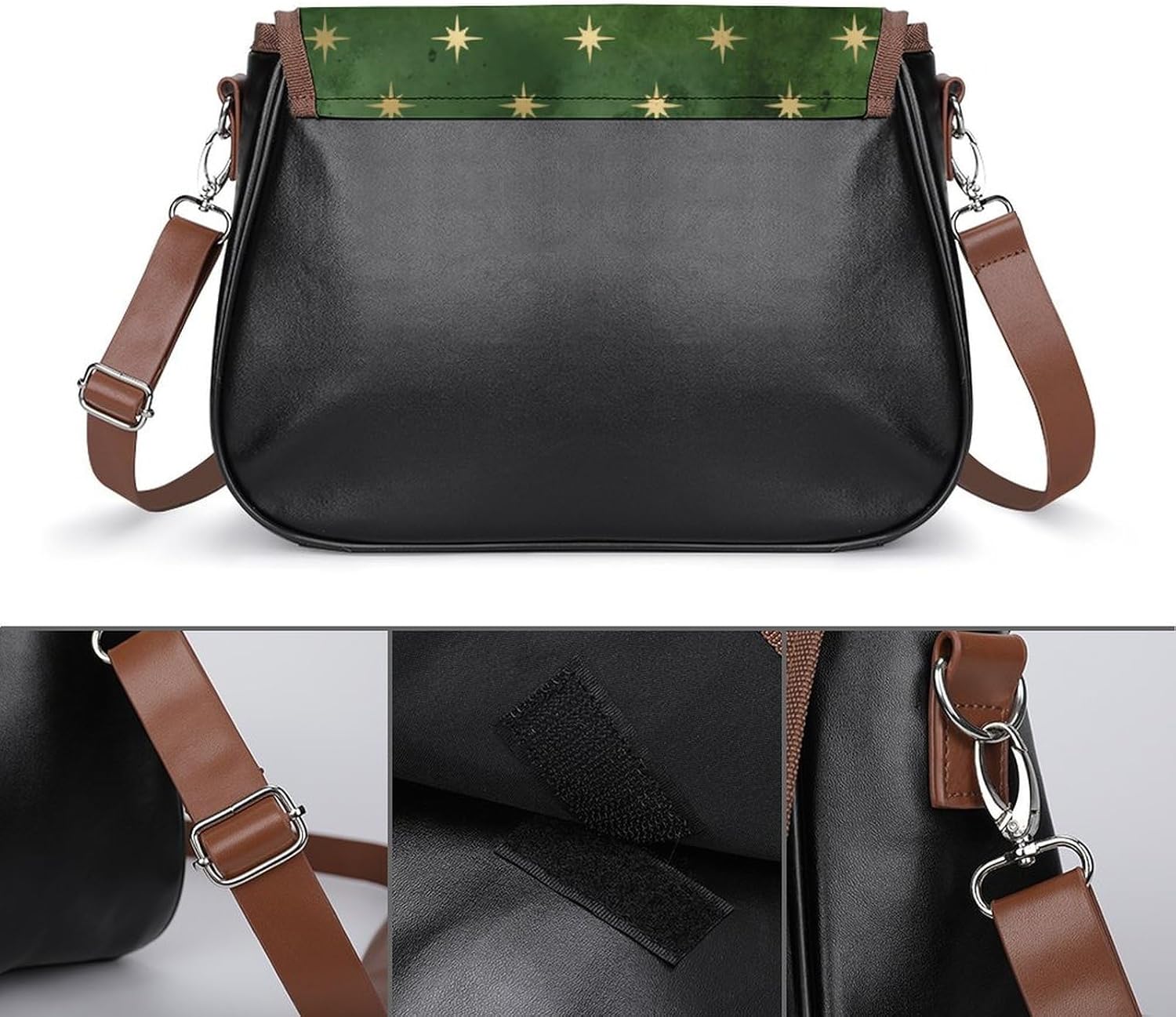 Glam Green Gold Stars ChristmasWomen's Faux Leather Crossbody Bag, Waterproof Wrinkle-Resistant Shoulder Bag with Detachable Strap, Large Capacity Casual Handbag, Fashion Daily Purse for Shopping Work