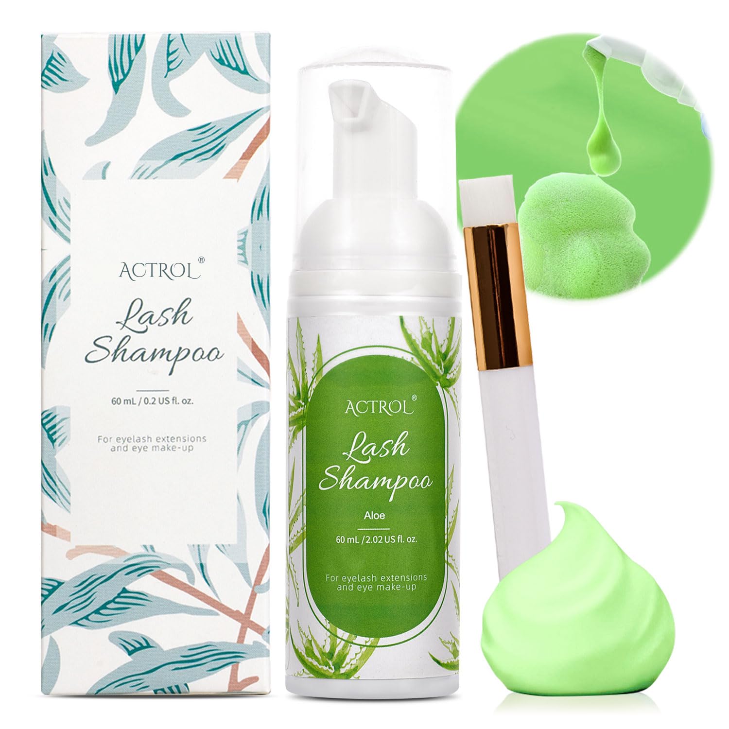 ACTROL Aloe Lash Shampoo, 60ml Green Foam Cleanser for Eyelash Extensions