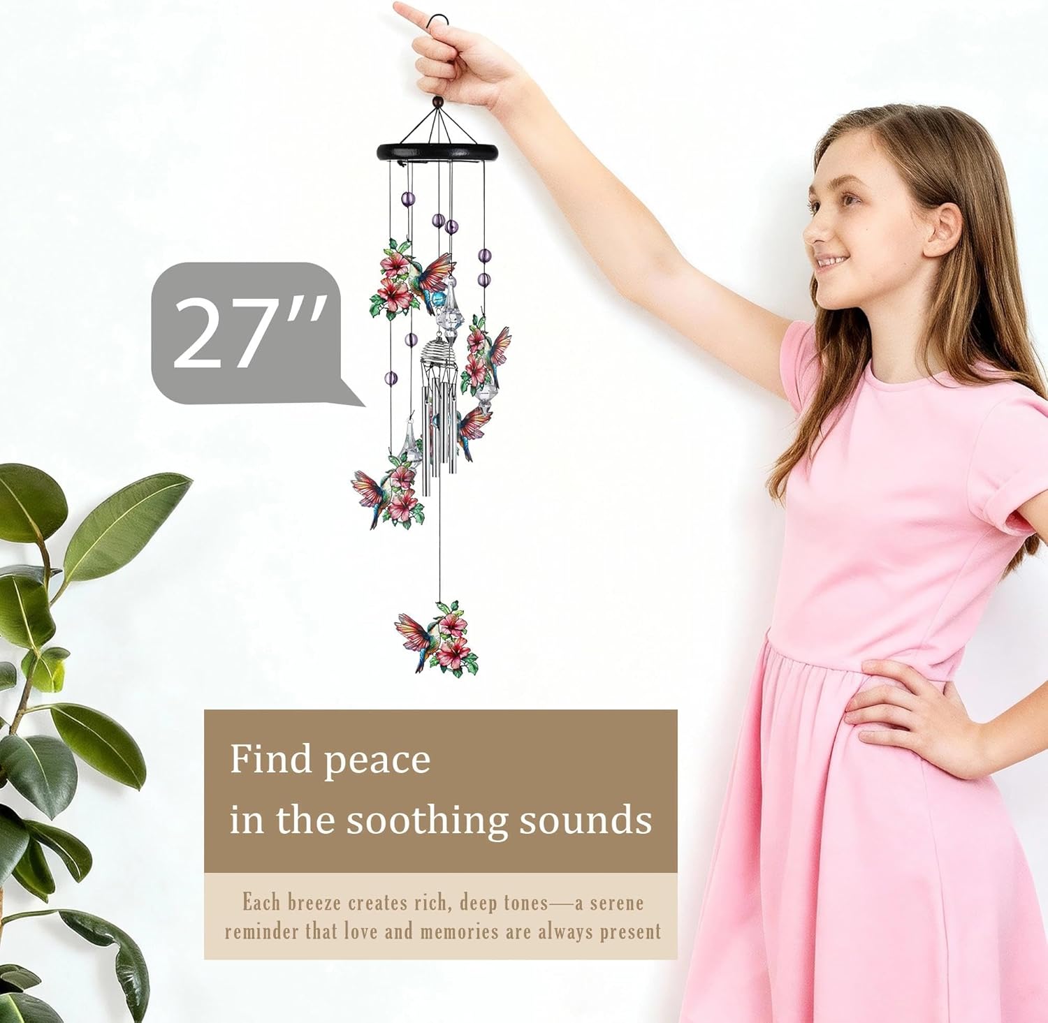 YU FENG Hummingbird Wind Chimes with Crystal Suncatcher – 27 Inch Memorial Wind Chime for Outdoor Garden Decor, Pink Hummingbird Gifts for Women/Mom/Grandma, Durable Metal Windchimes for Yard/Patio