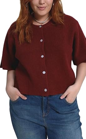 Women Crop Knit Cardigan Casual Short Sleeve Button Down Crewneck Sweater Going Out Tops