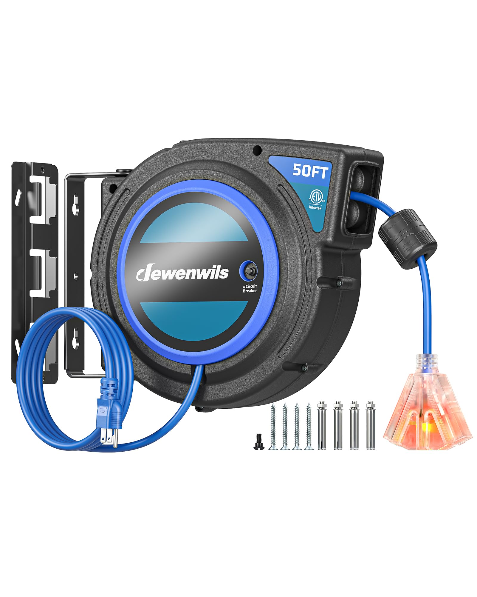 DEWENWILS 50FT Extension Cord Reel with Twist-lock Stopper, ETL Listed,Blue