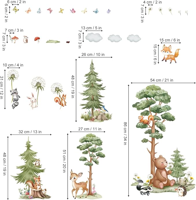 Pegatinas de Pared con Animales de Bosque, Set de 3 hojas, 90x30cm miniatura 4
